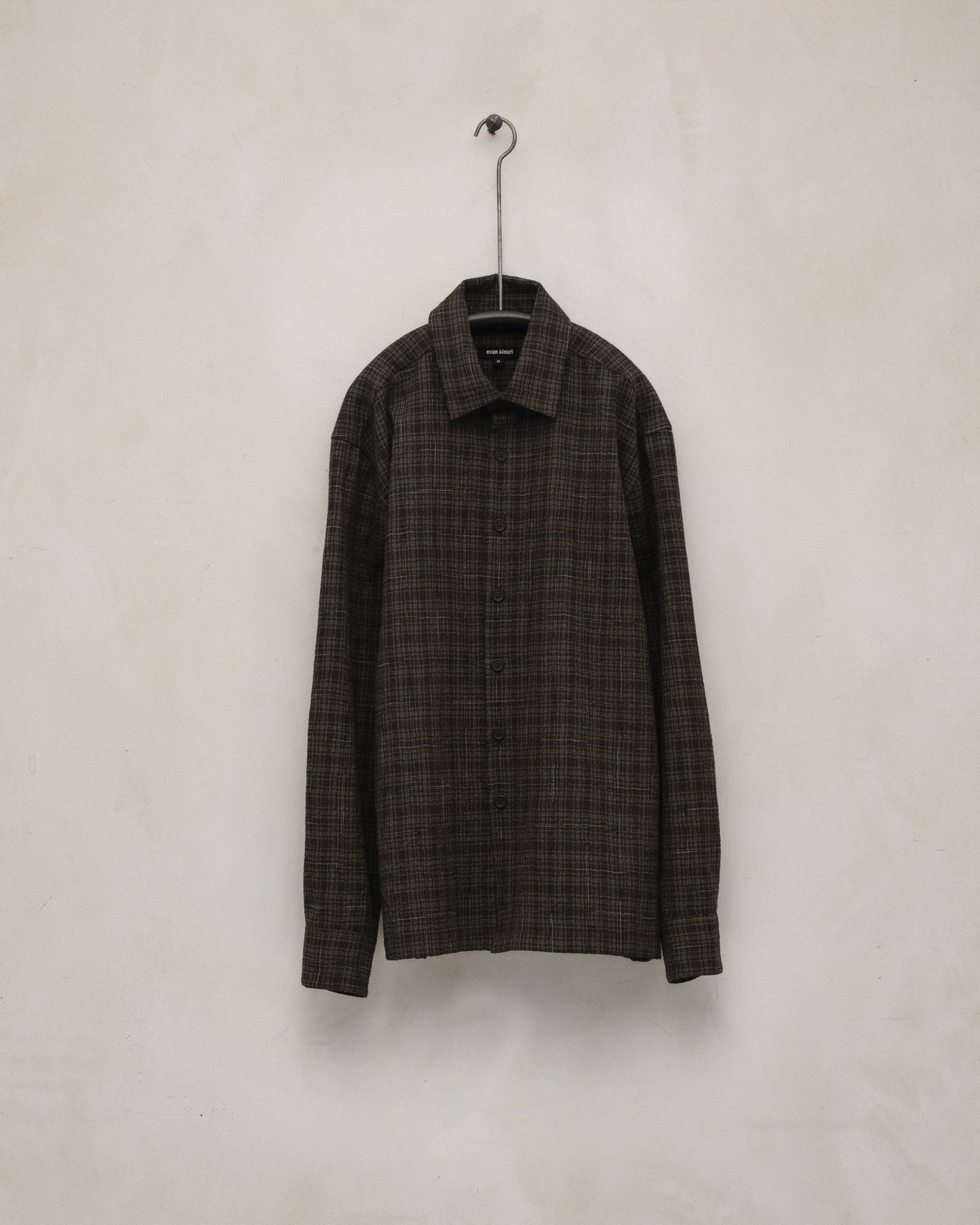 Flat Hem Shirt - Kasuri Wool Check, Brown/Beige/Navy