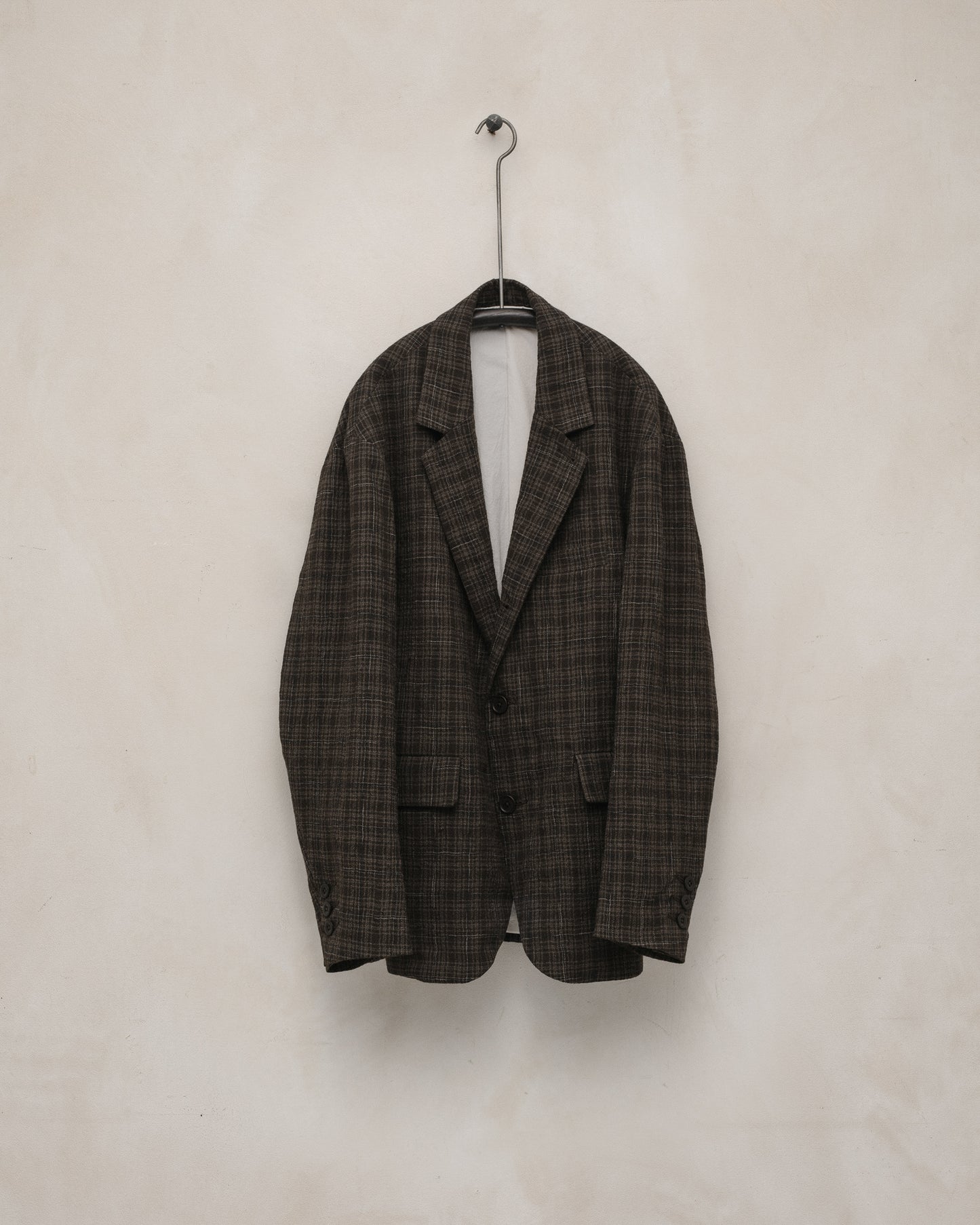 Three Button Jacket - Kasuri Wool Check, Brown/Beige/Navy