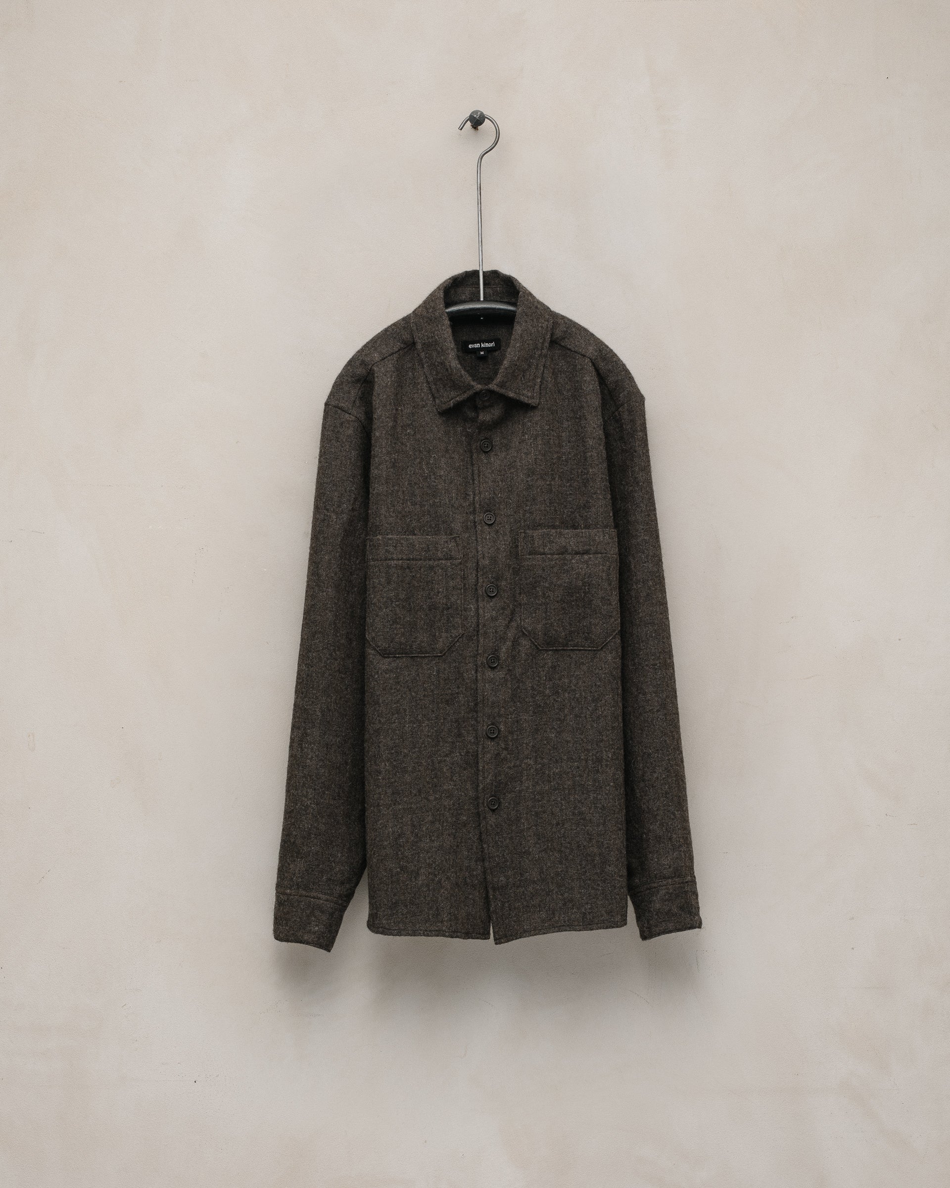 トップス Evan Kinori TWO POCKET SHIRT LINEN WOOL Two Pocket Shirt - Undyed Wool Herringbone, Dark Brown – evan kinori
