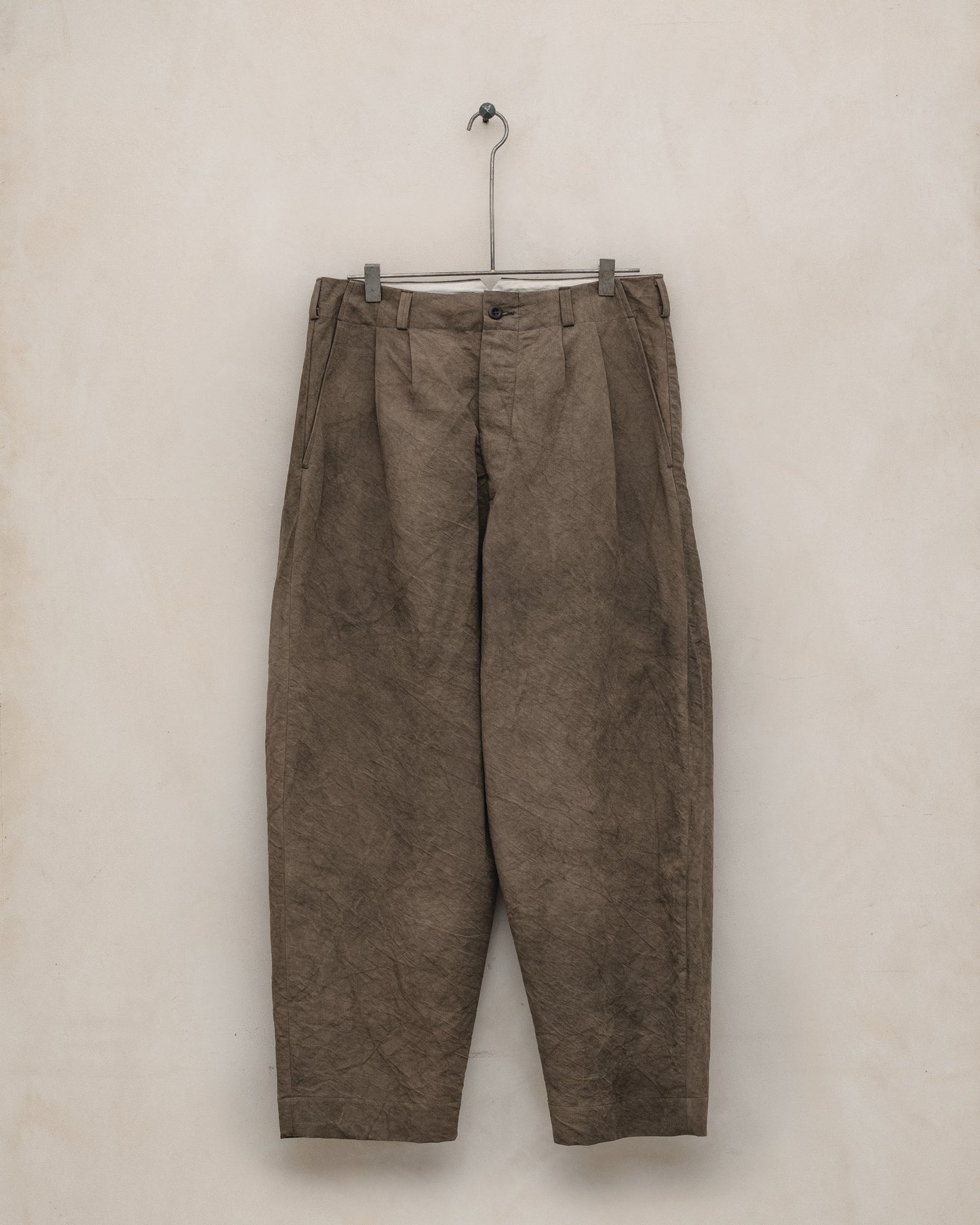 Two Pleat Pant - Natural Dye Cotton/Washi Twill, Brown (Persimmon/Iron Dye)