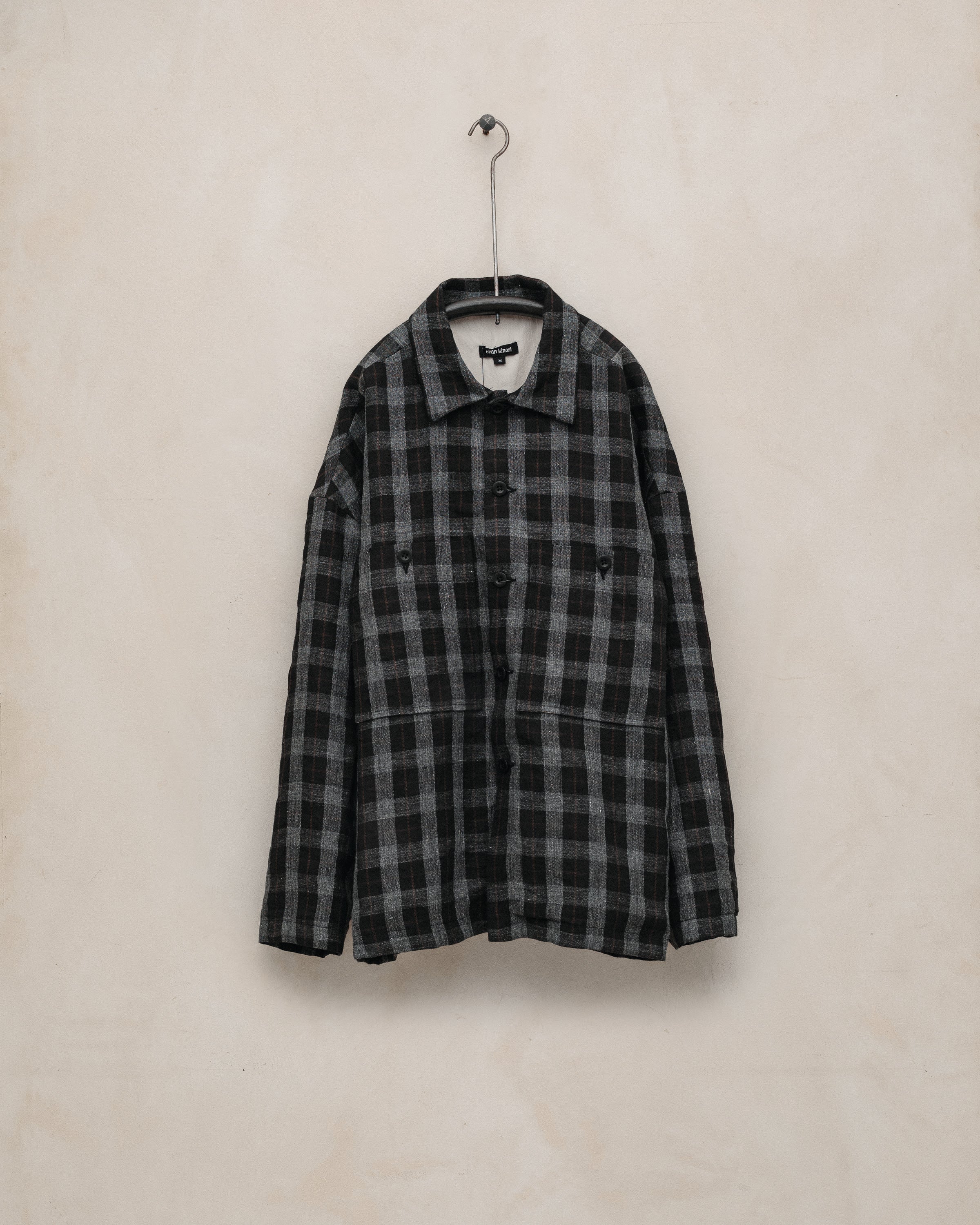 【evanKimori 】BIGcheck（Field Shirt）エバンキノリ Field Shirt Two - Yarn Dyed Linen Check, Charcoal/Brown/Black