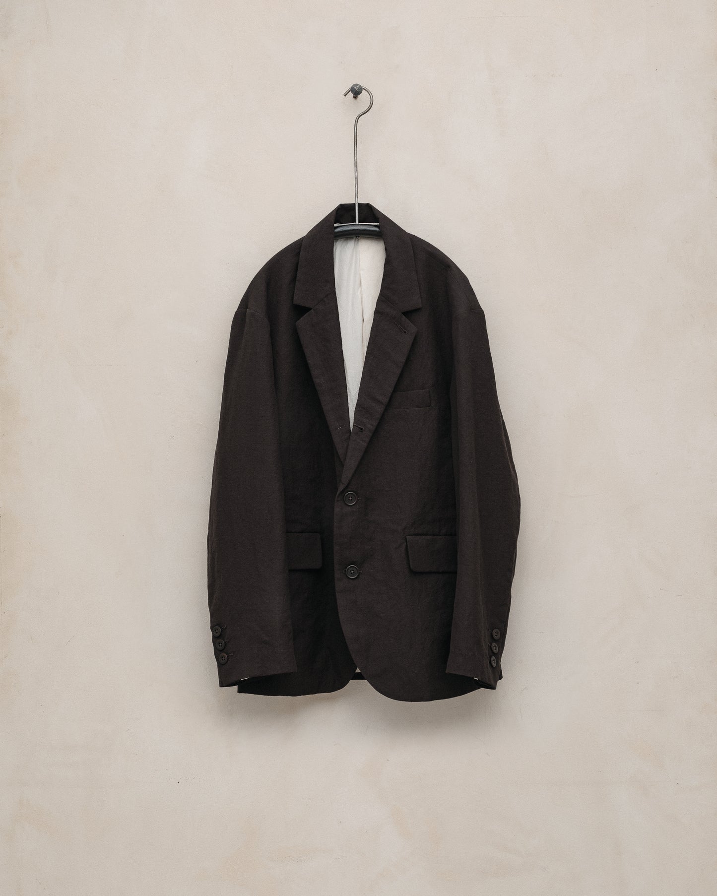Three Button Jacket - Worsted Wool/Linen Canvas, Dark Brown
