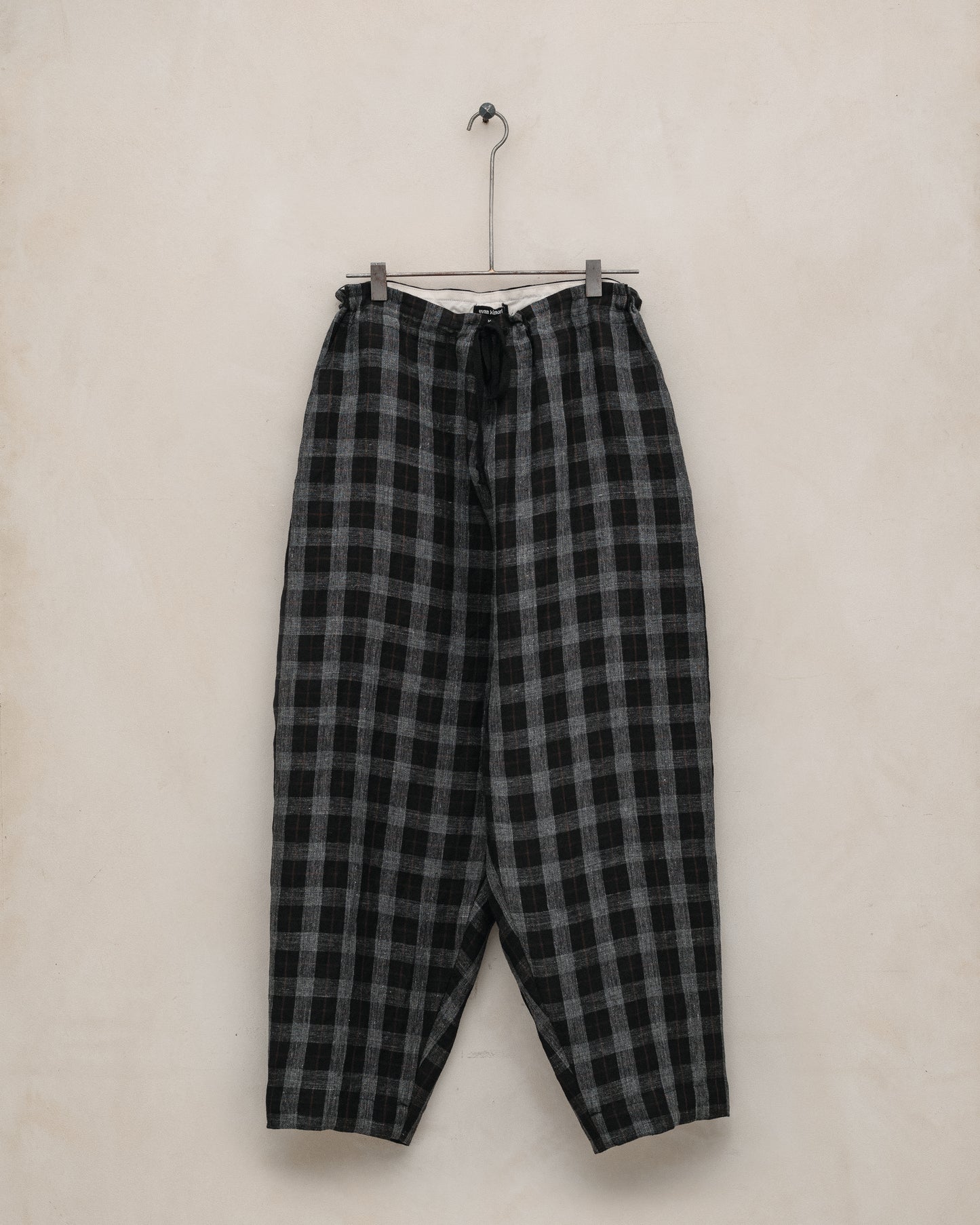 Drawstring Pant - Yarn Dyed Linen Check, Charcoal/Brown/Black