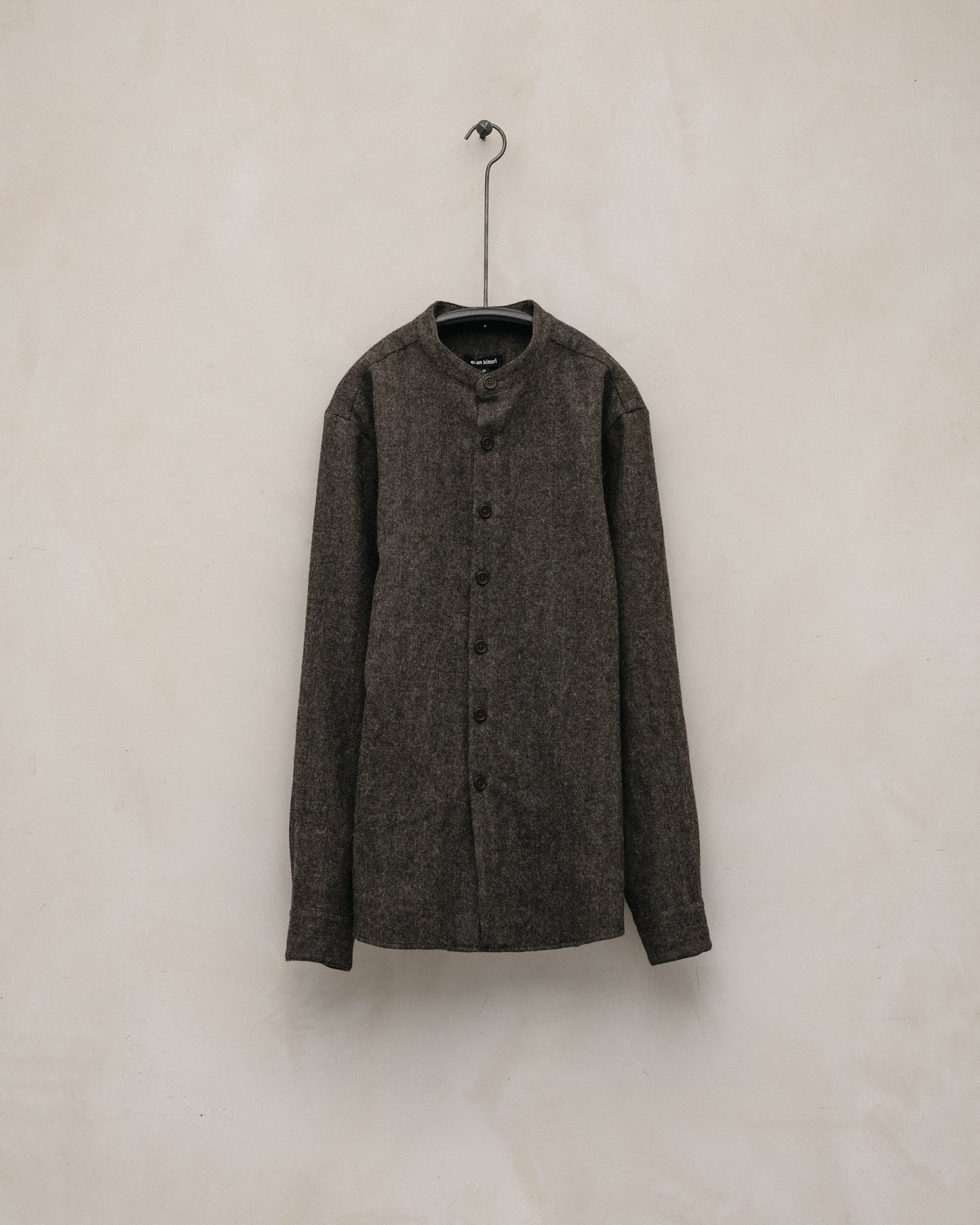 Band Collar Shirt - Undyed Wool Herringbone, Dark Brown