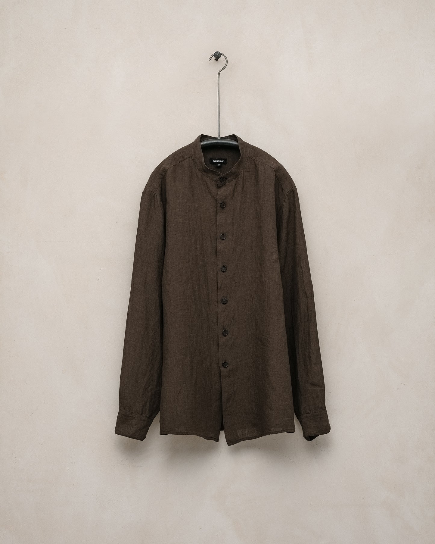 Band Collar Shirt - Yarn Dyed Linen Puppytooth, Brown