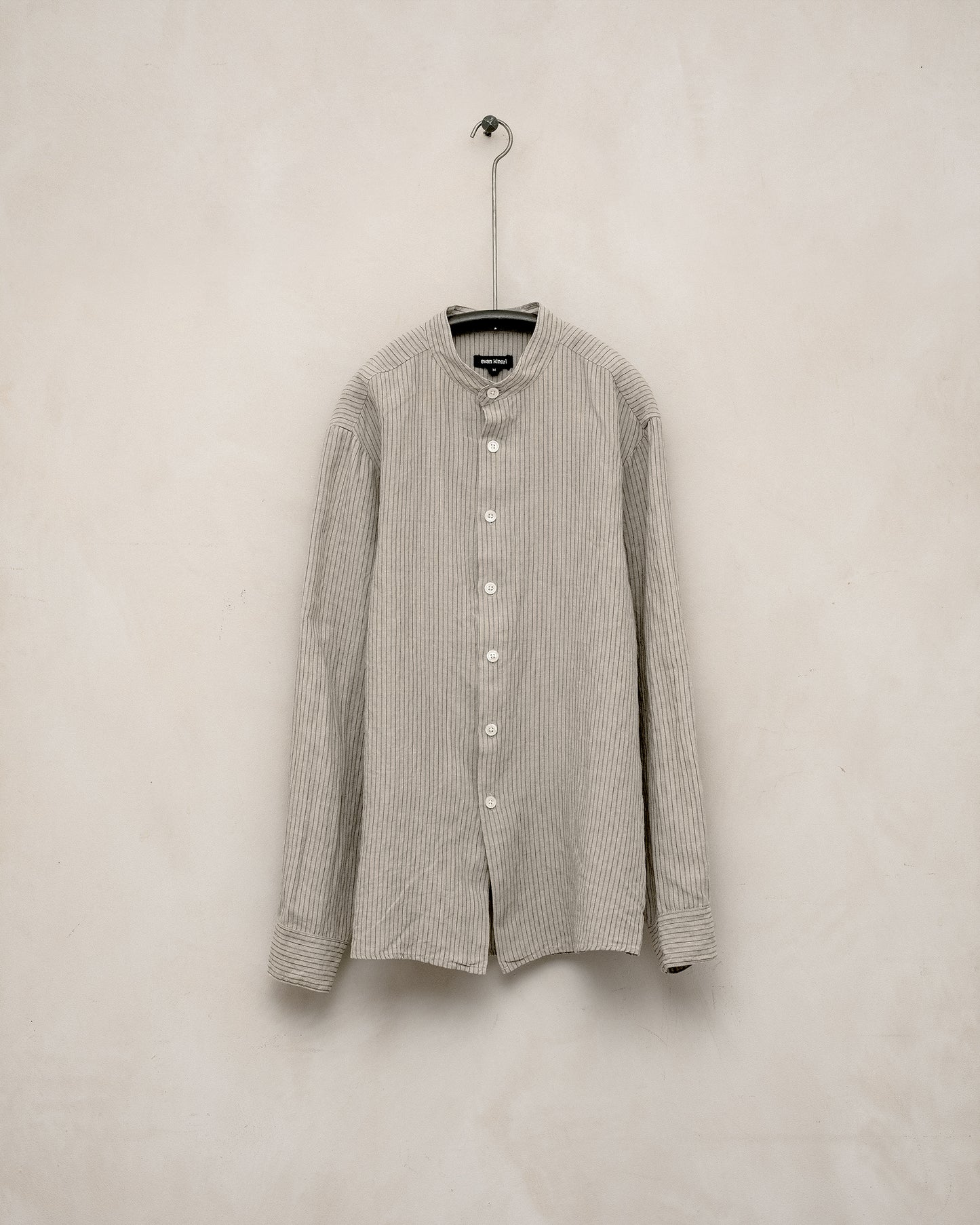Band Collar Shirt - Yarn Dyed Linen/Cotton Stripe, Natural/Brown