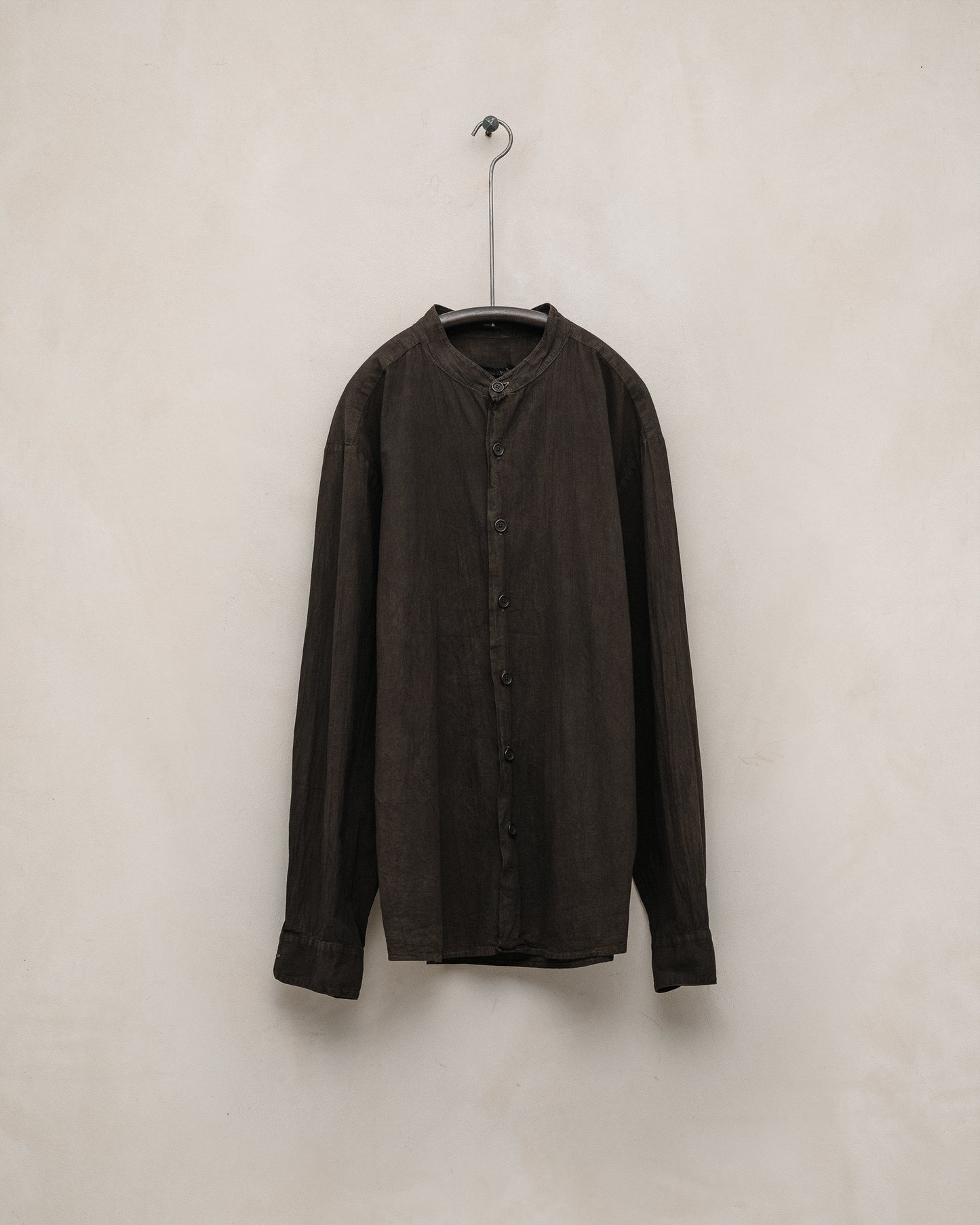 Band Collar Shirt - Organic Cotton Batiste, Dark Beige (Mud Dye)