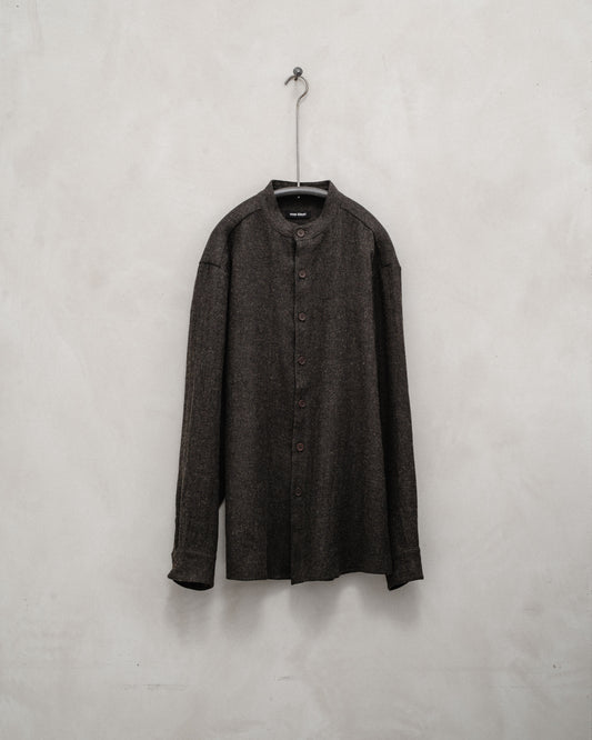 Band Collar Shirt - Brushed Linen/Wool Twill, Dark Brown