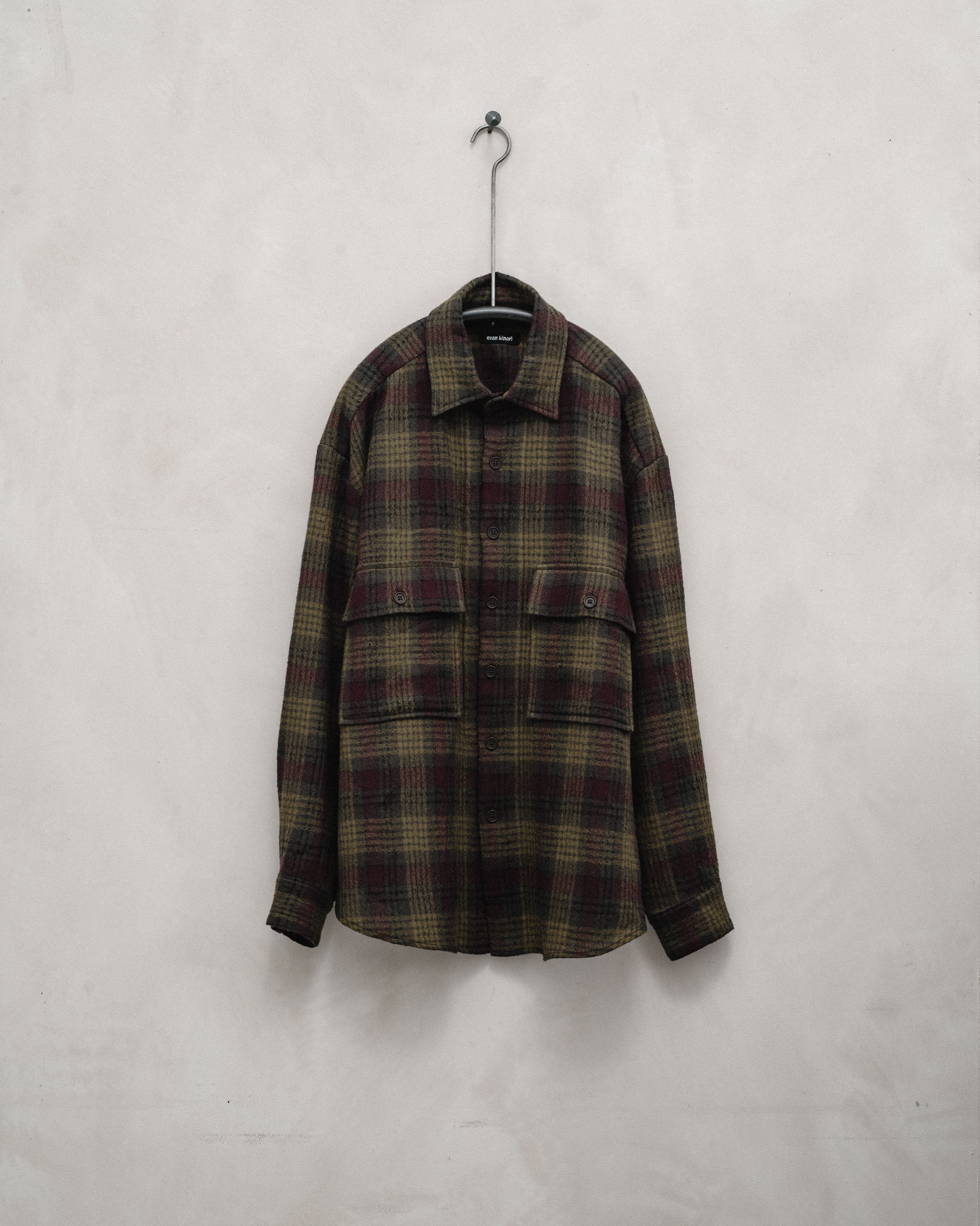 Big Shirt - Wool Gauze Check, Dark Olive Burgundy – evan kinori