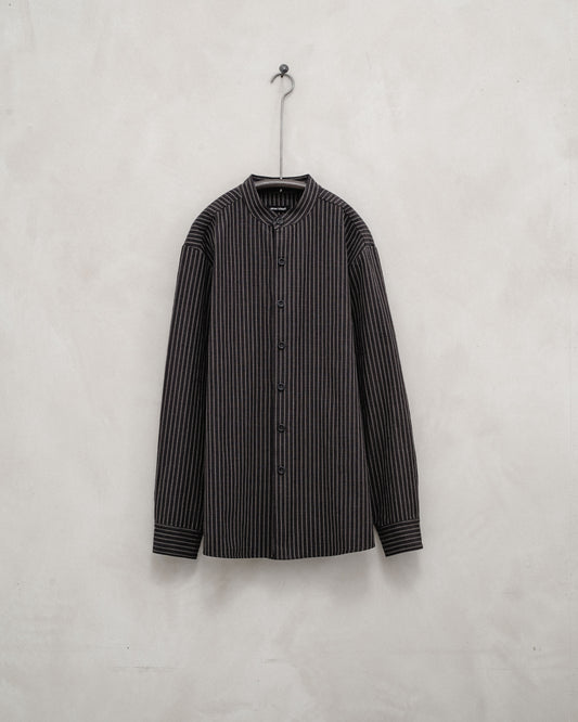 Band Collar Shirt - Double Stripe Cotton, Navy/Brown