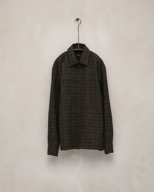 Flat Hem Shirt - Kasuri Wool Check, Brown/Beige/Navy