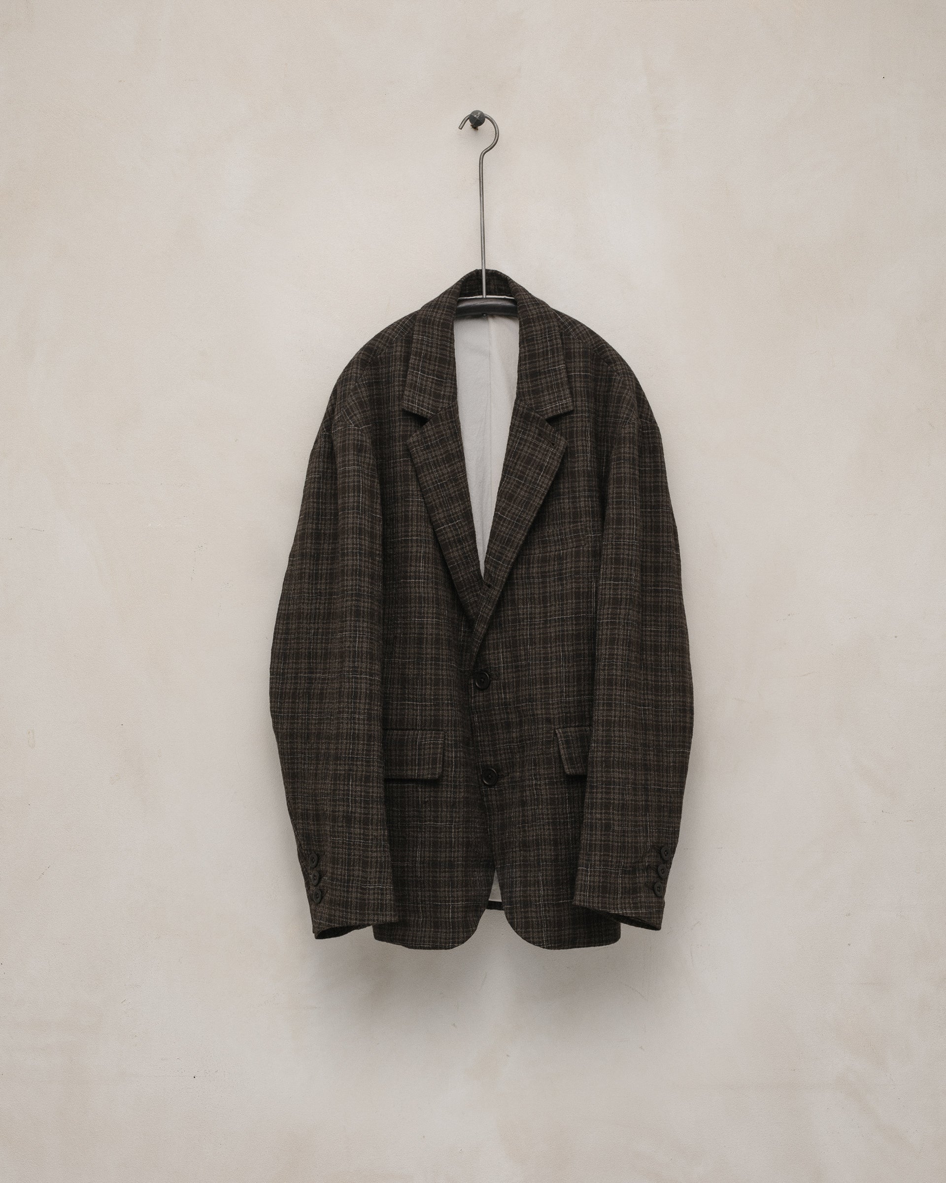 Three Button Jacket - Kasuri Wool Check, Brown/Beige/Navy – evan