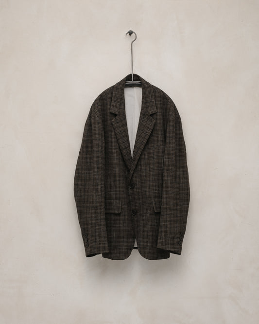 Three Button Jacket - Kasuri Wool Check, Brown/Beige/Navy