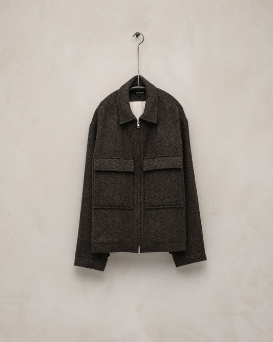 Zip Jacket - Irish Wool Herringbone Tweed, Brown/Charcoal