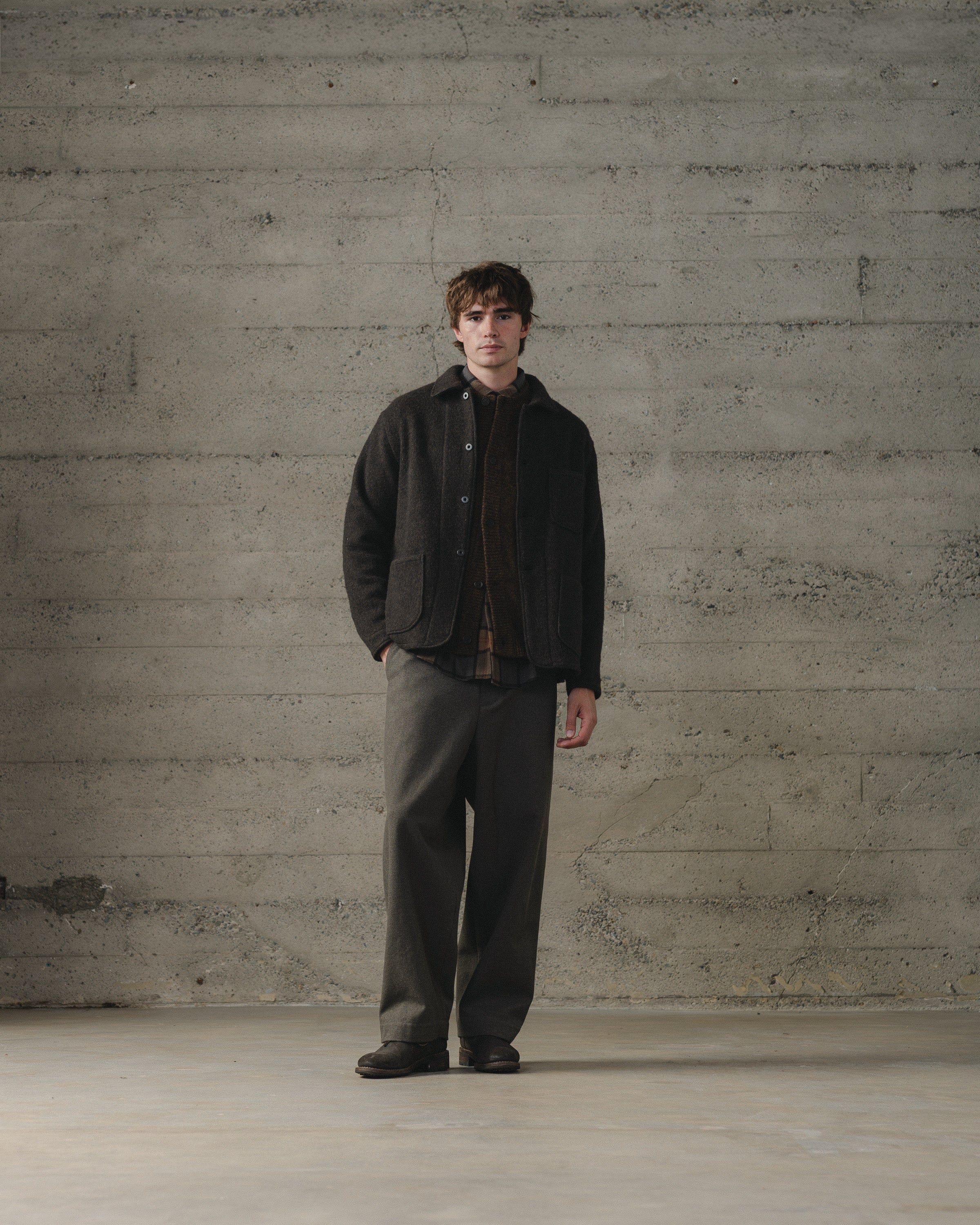 Three Pocket Jacket - Brushed Wool Coating, Dark Brown – evan kinori
