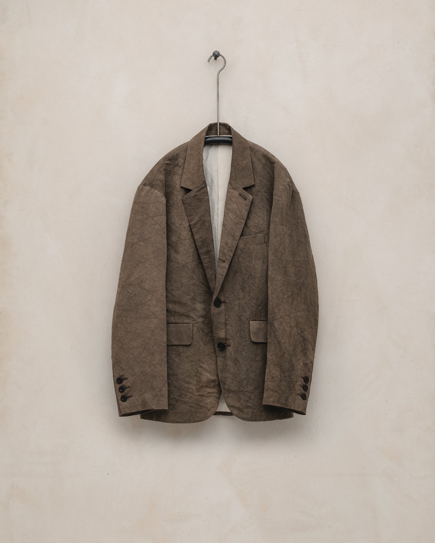 Three Button Jacket - Natural Dye Cotton/Washi Twill, Brown (Persimmon/Iron Dye)