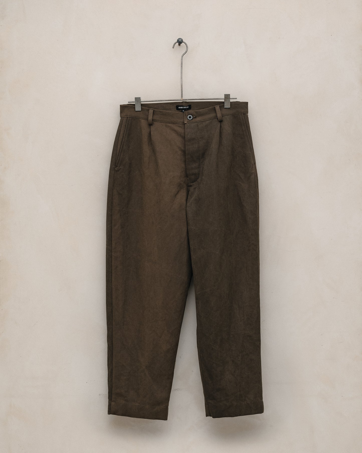 Single Pleat Pant - Sumi Ink Cotton/Washi Canvas, Dark Olive
