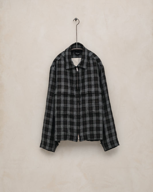 Zip Jacket - Yarn Dyed Linen Check, Charcoal/Brown/Black