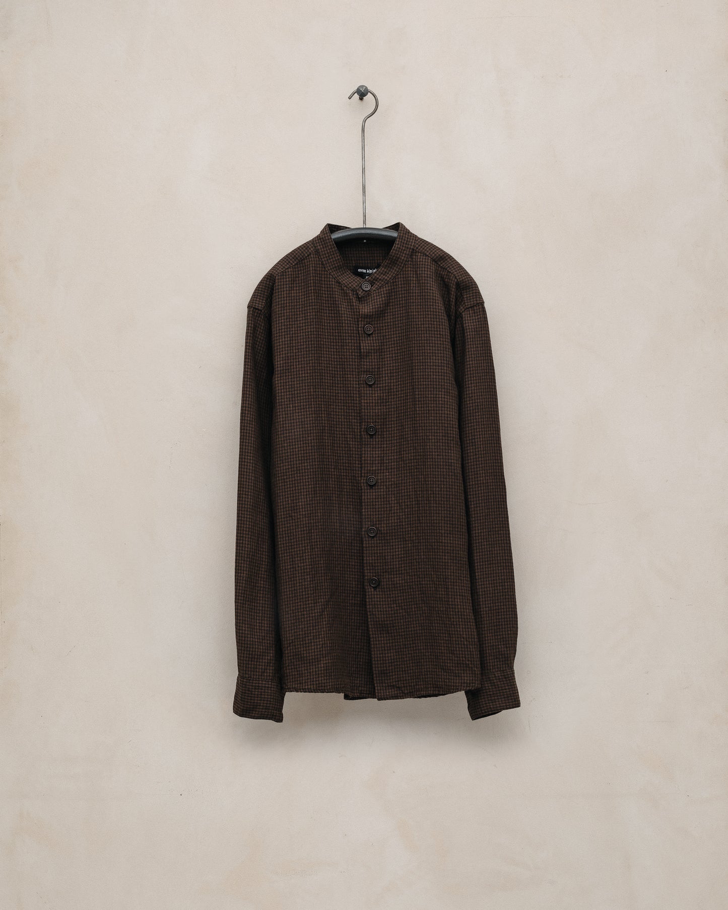 Band Collar Shirt - Logwood Linen Check, Brown/Black (Logwood Overdye)
