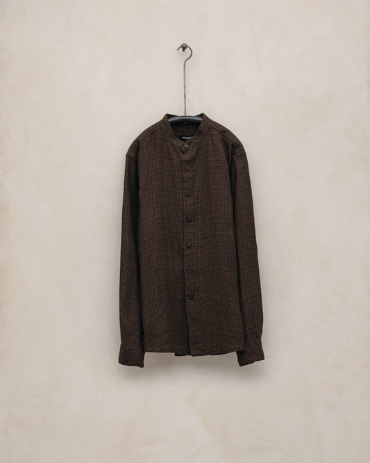 Band Collar Shirt - Logwood Linen Check, Brown/Black (Logwood Overdye)