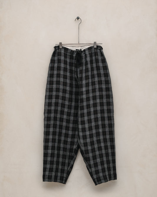 Drawstring Pant - Yarn Dyed Linen Check, Charcoal/Brown/Black