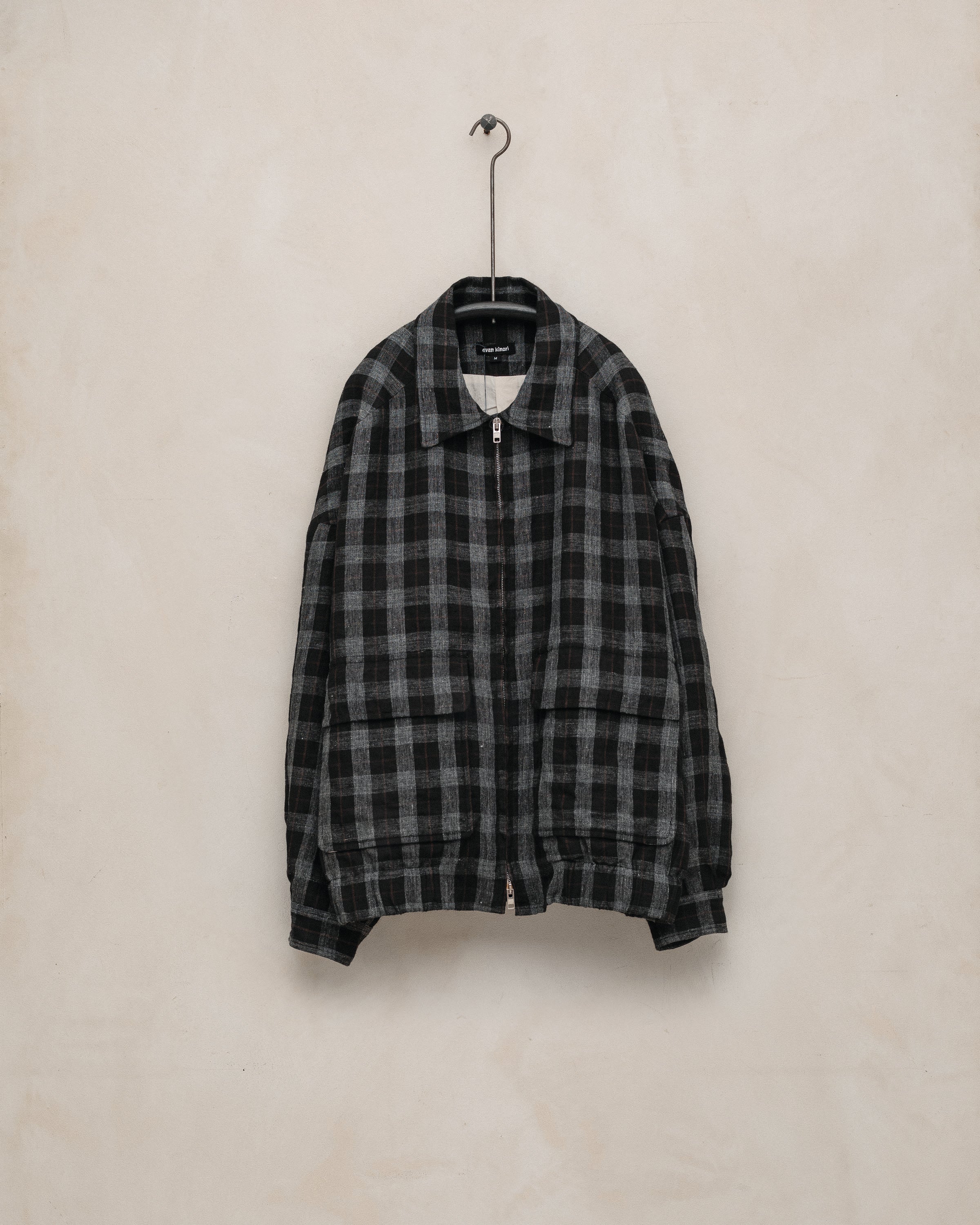 evan kinori シャツジャケット Zip Jacket Two - Yarn Dyed Linen Check, Charcoal/Brown/Black