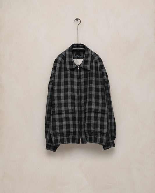 Zip Jacket Two - Yarn Dyed Linen Check, Charcoal/Brown/Black