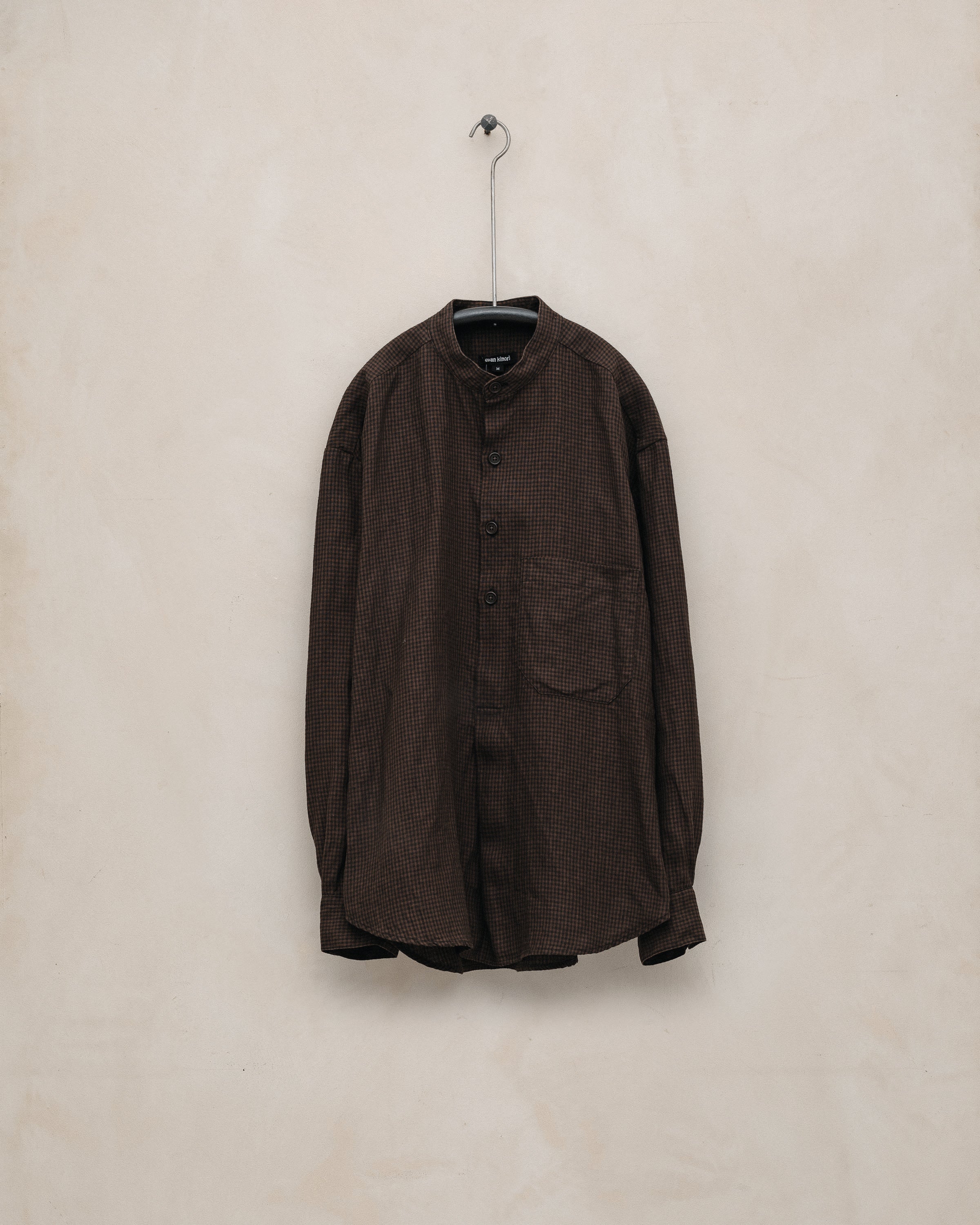 evan kinori popover shirt L 限定 Two Pocket Shirt - Logwood Linen Check, Brown/Black (Logwood