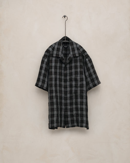 Short Sleeve Shirt - Yarn Dyed Linen Check, Charcoal/Brown/Black