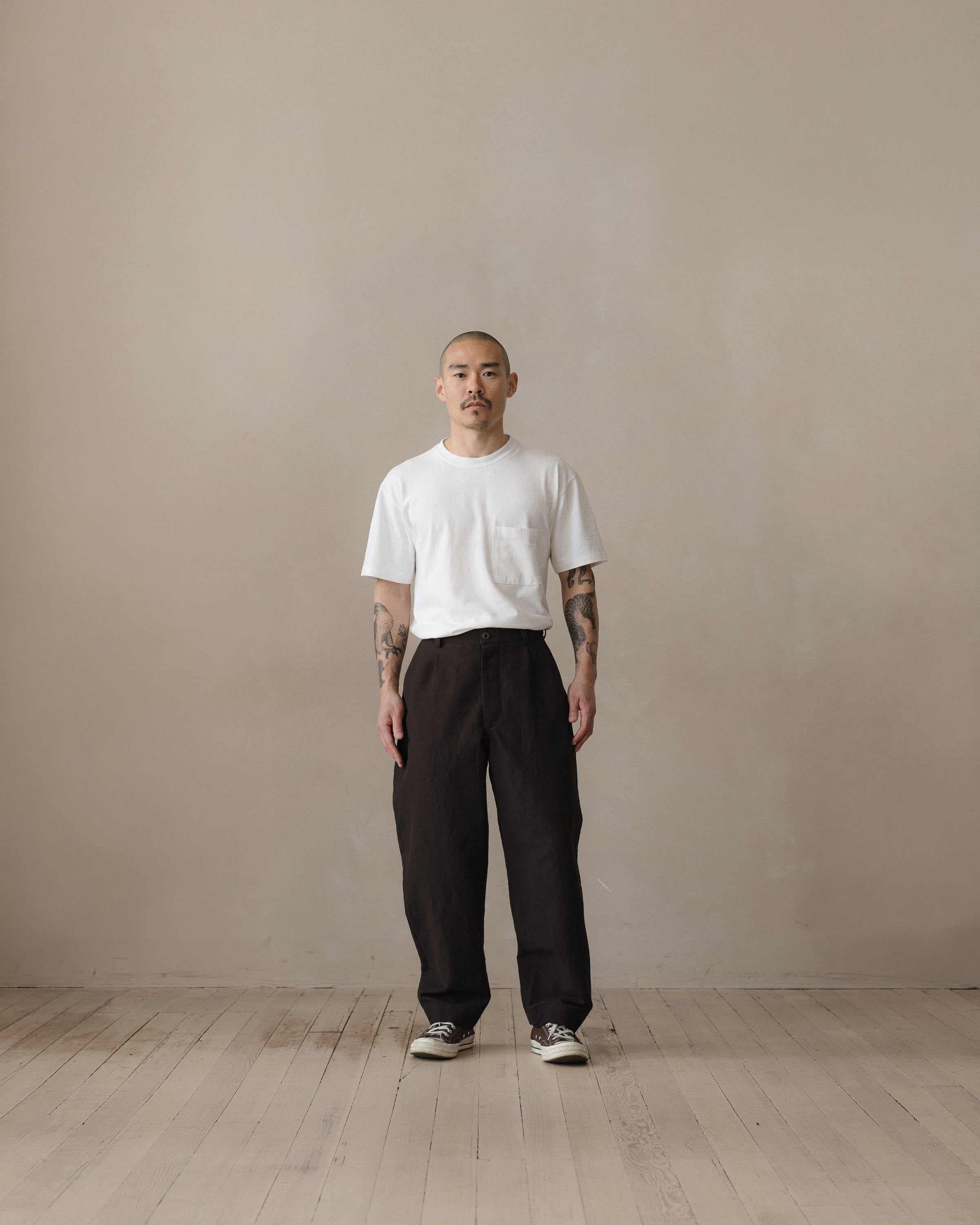 evan kinori 黒 pant 32 single pleat wool Single Pleat Pant - Worsted Wool/Linen Canvas, Dark Brown – evan