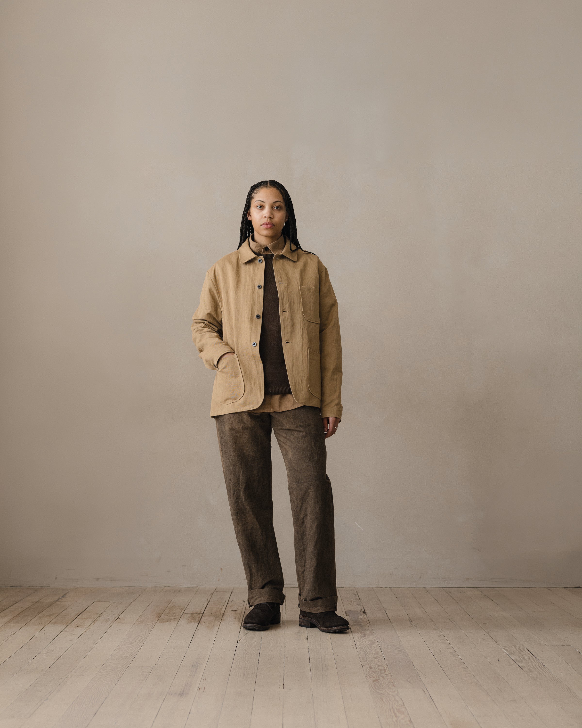 Three Pocket Jacket - Gallnut Cotton/Washi Twill, Khaki (Natural