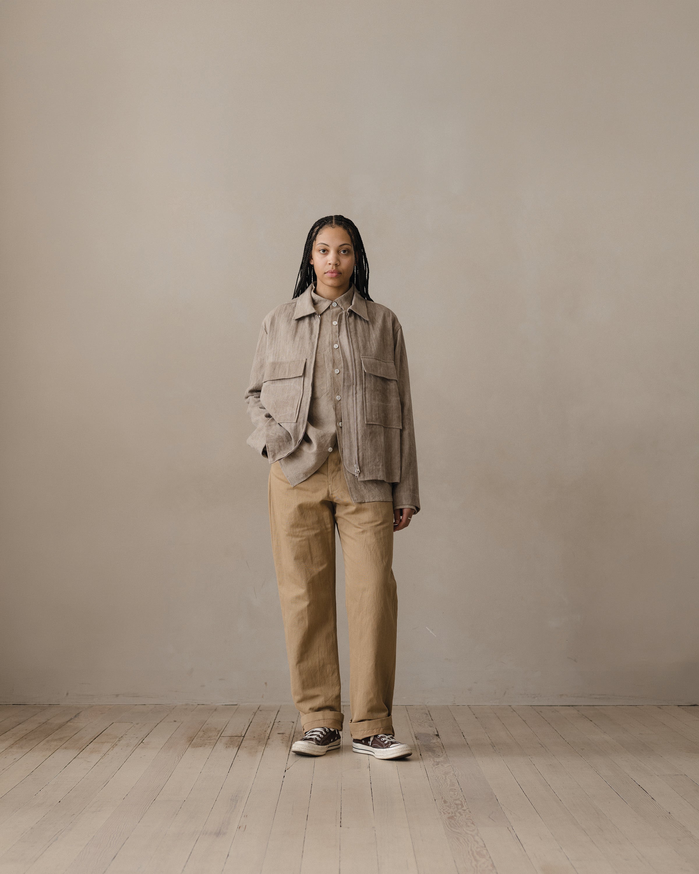 Zip Jacket - Cold Dyed Linen/Cotton Herringbone, Dark Beige (Cold