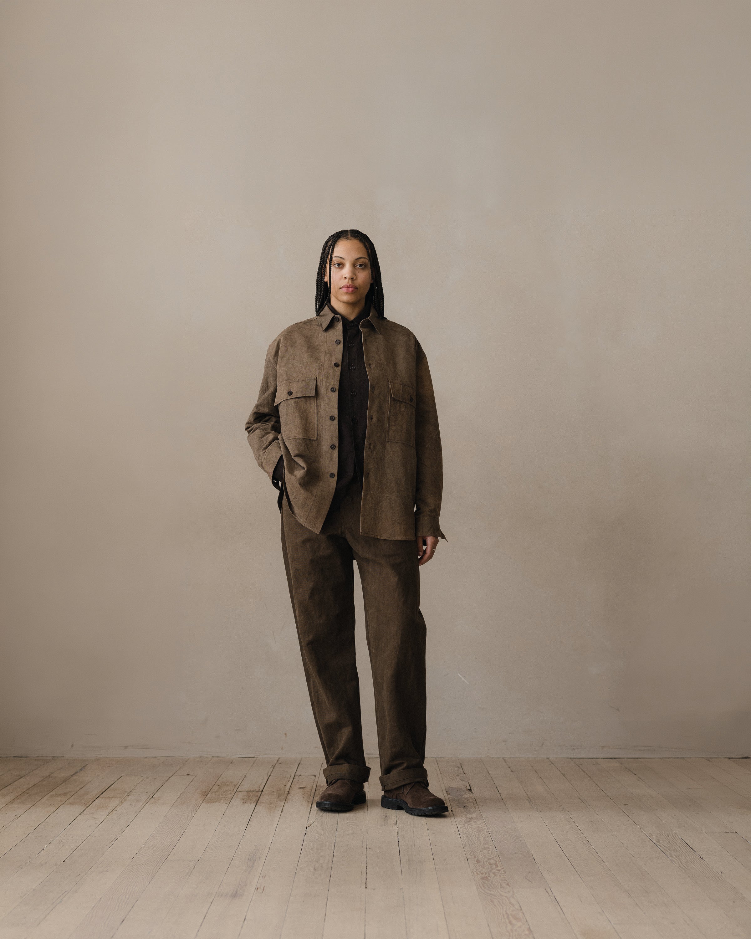 Big Shirt - Natural Dye Cotton/Washi Twill, Brown (Persimmon/Iron