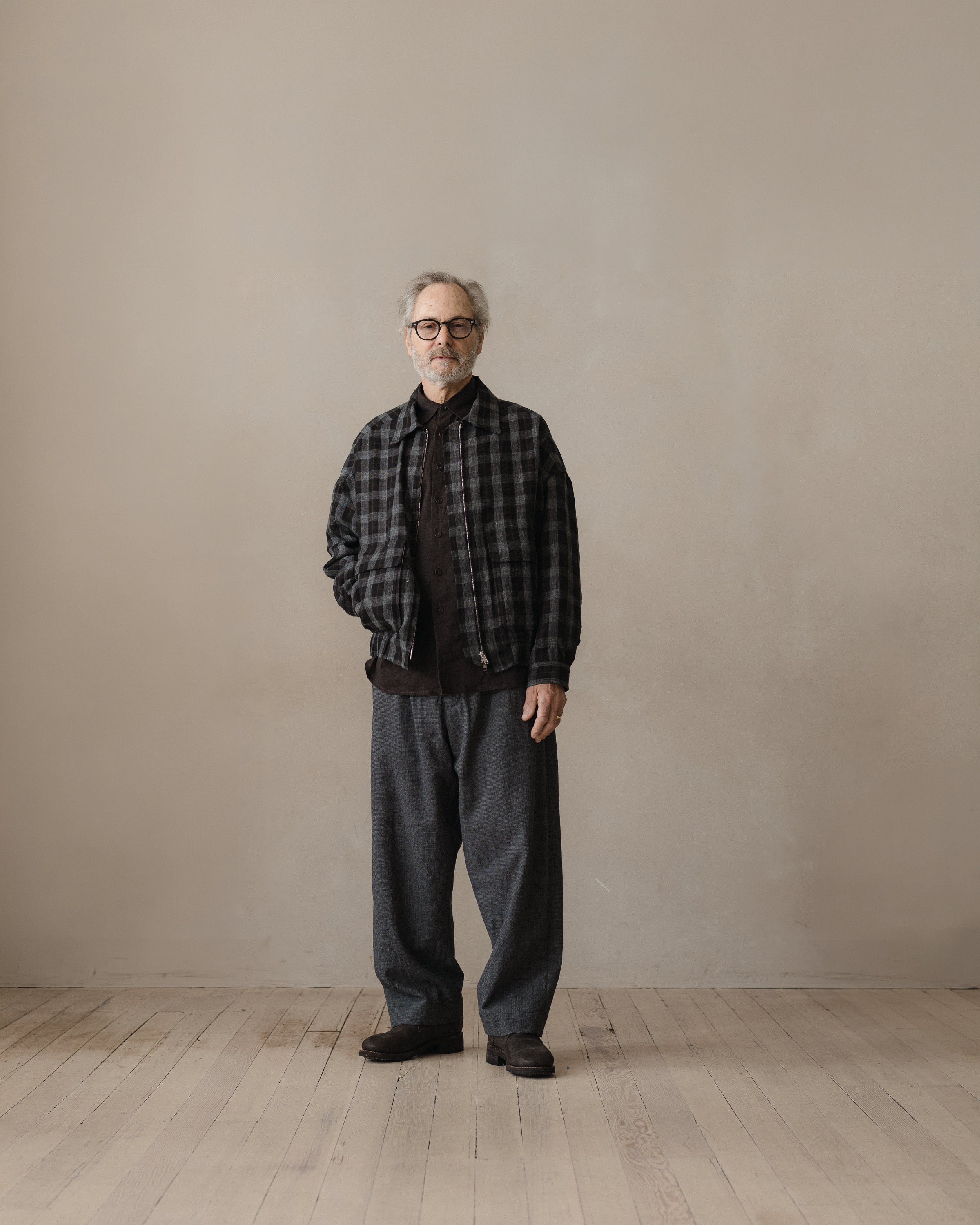 Zip Jacket Two - Yarn Dyed Linen Check, Charcoal/Brown/Black