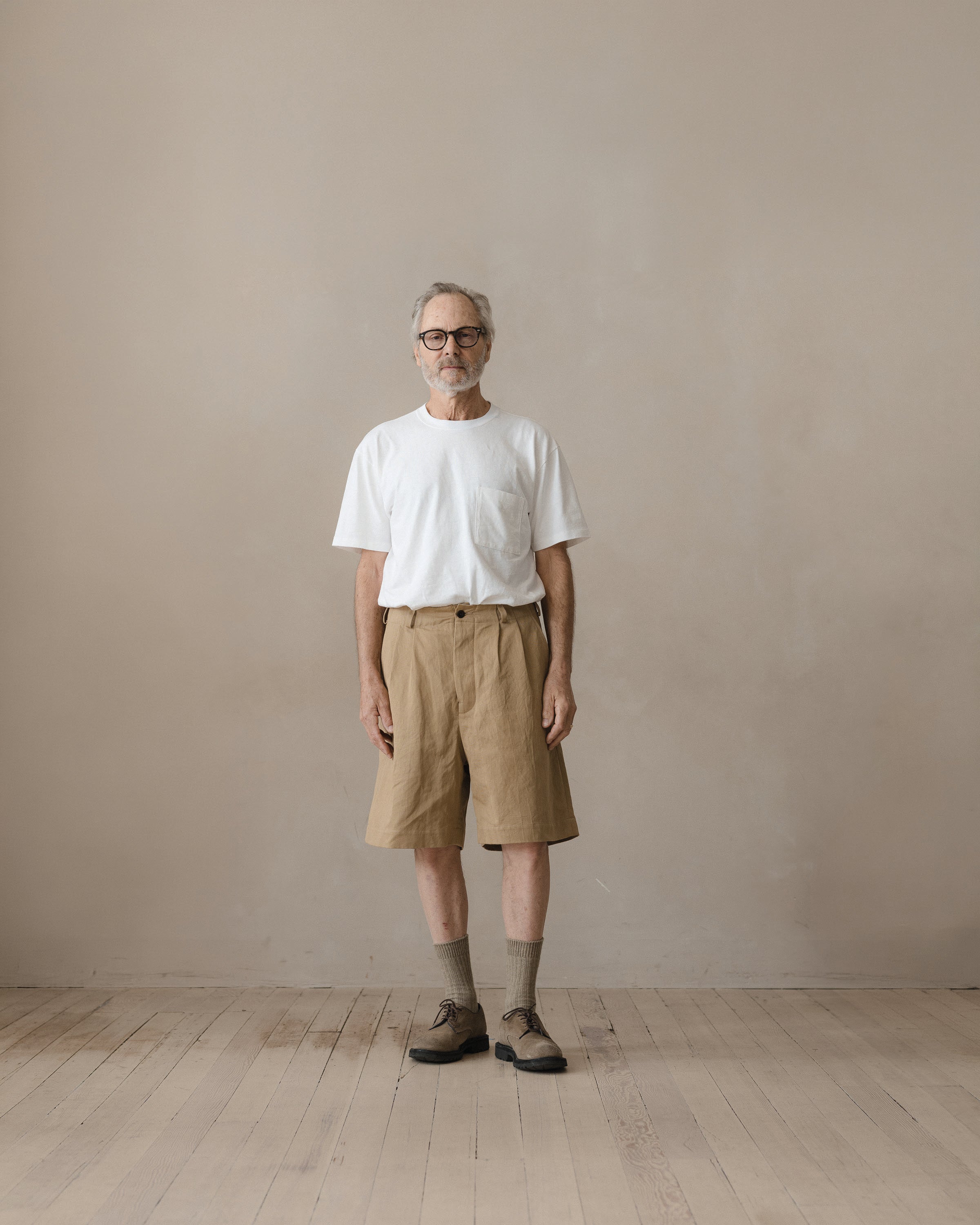 Two Pleat Short - Gallnut Cotton/Washi Twill, Khaki (Natural