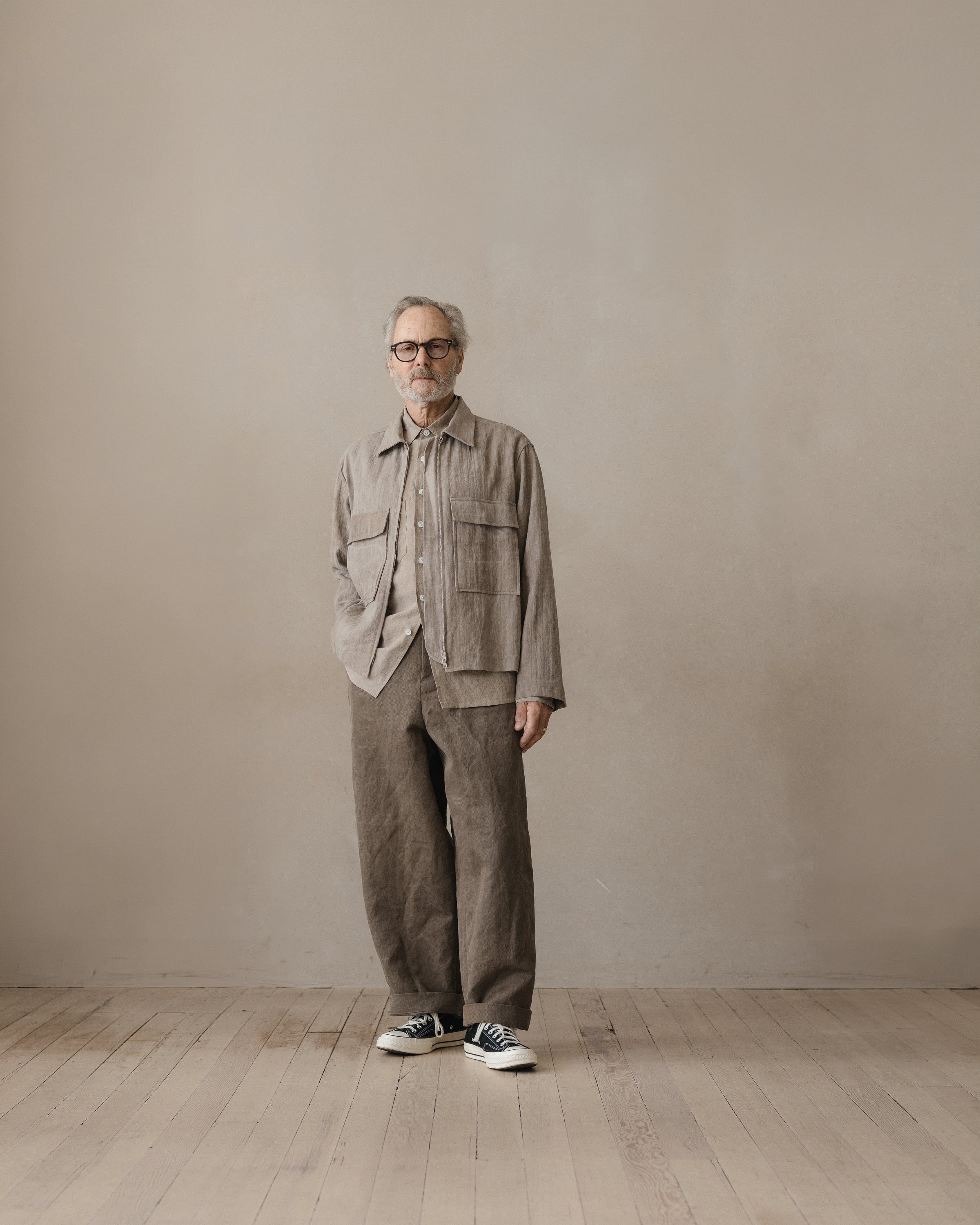 Zip Jacket - Cold Dyed Linen/Cotton Herringbone, Dark Beige (Cold