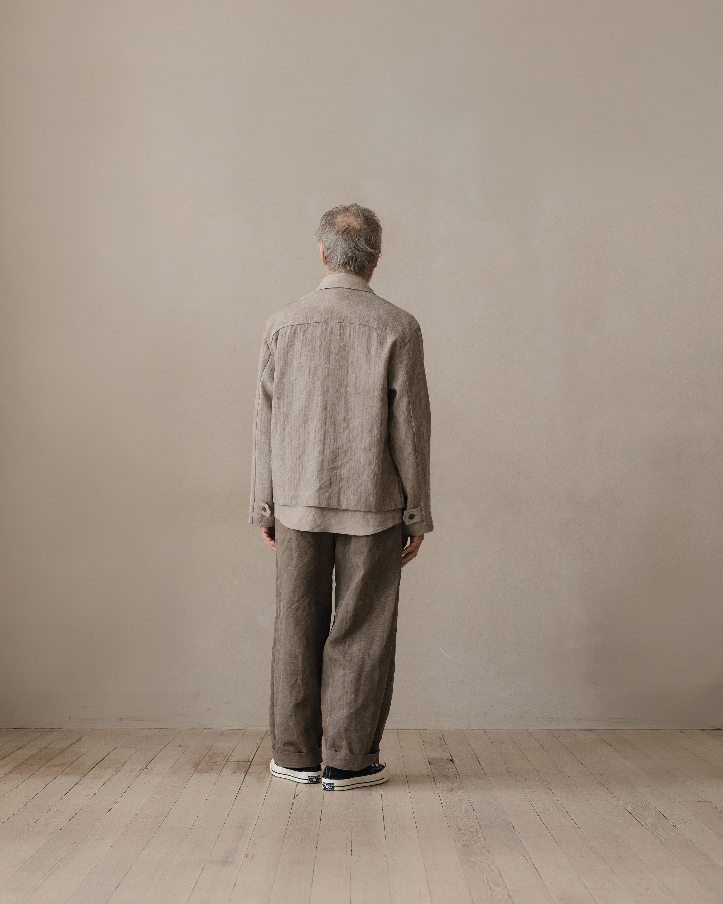 Zip Jacket - Cold Dyed Linen/Cotton Herringbone, Dark Beige (Cold