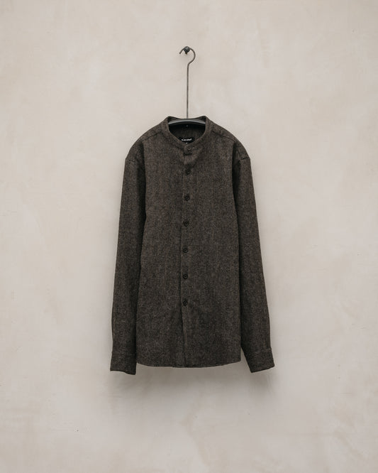 Band Collar Shirt - Undyed Wool Herringbone, Dark Brown