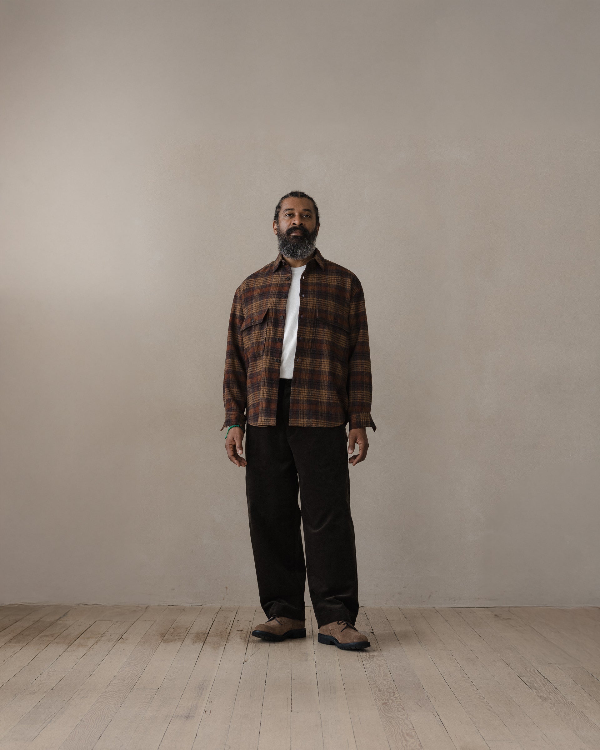 Big Shirt - Wool Gauze Check, Ochre/Brown/Charcoal – evan kinori