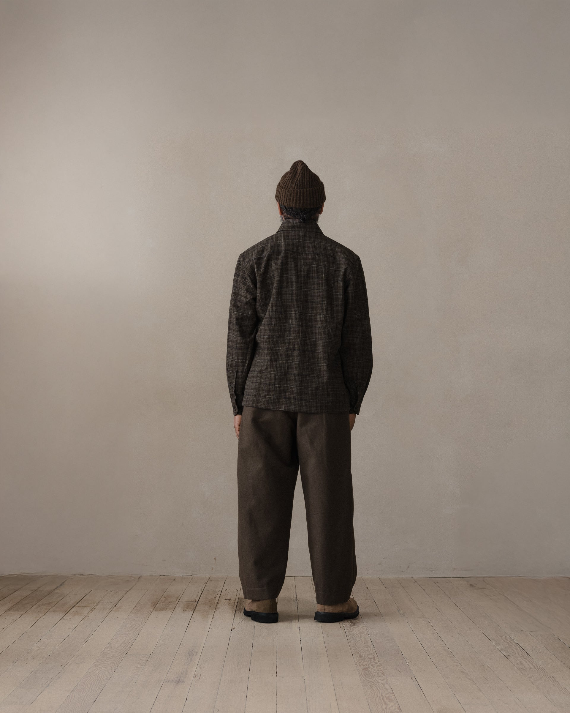 Flat Hem Shirt - Kasuri Wool Check, Brown/Beige/Navy – evan kinori