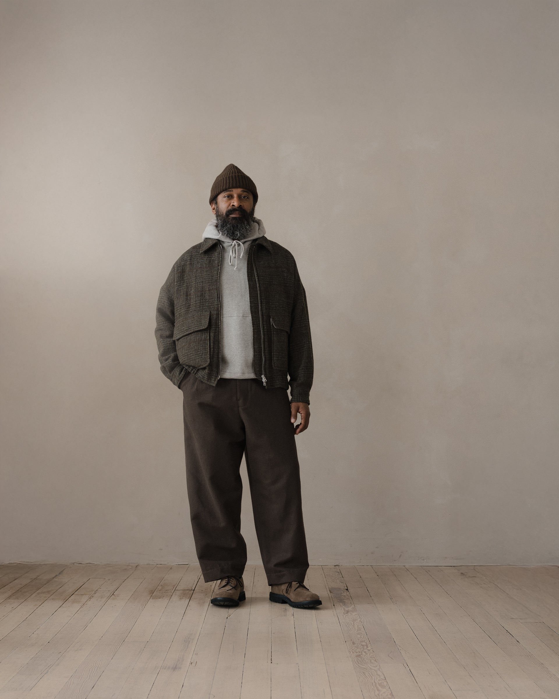 Zip Jacket Two - Wool Herringbone Check, Dark Olive/Charcoal