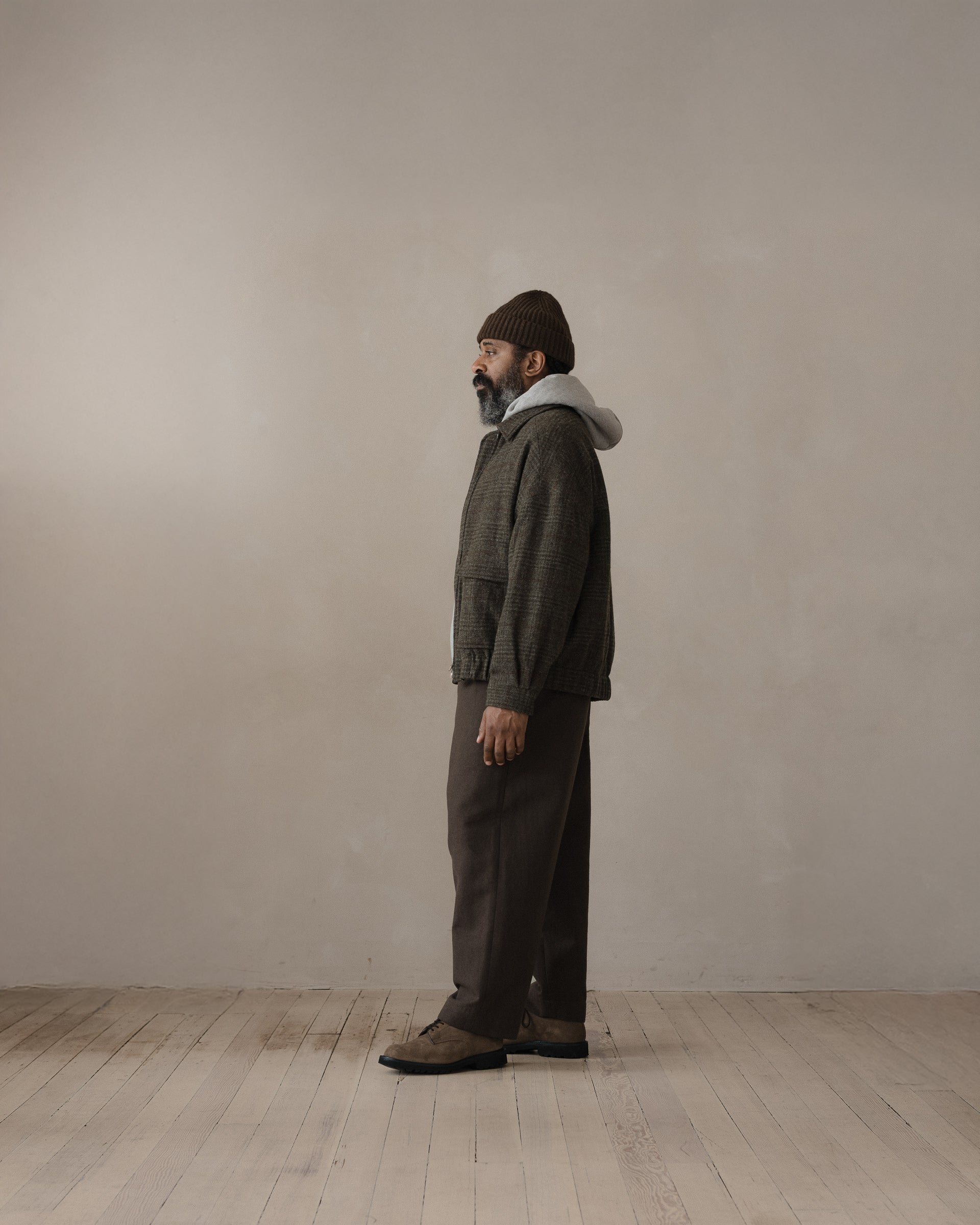 Zip Jacket Two - Wool Herringbone Check, Dark Olive/Charcoal