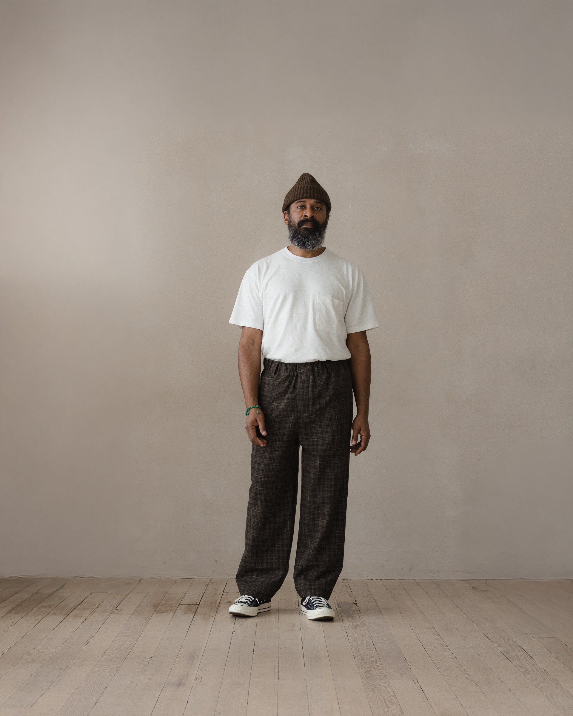Elastic Pant - Kasuri Wool Check, Brown/Beige/Navy – evan kinori