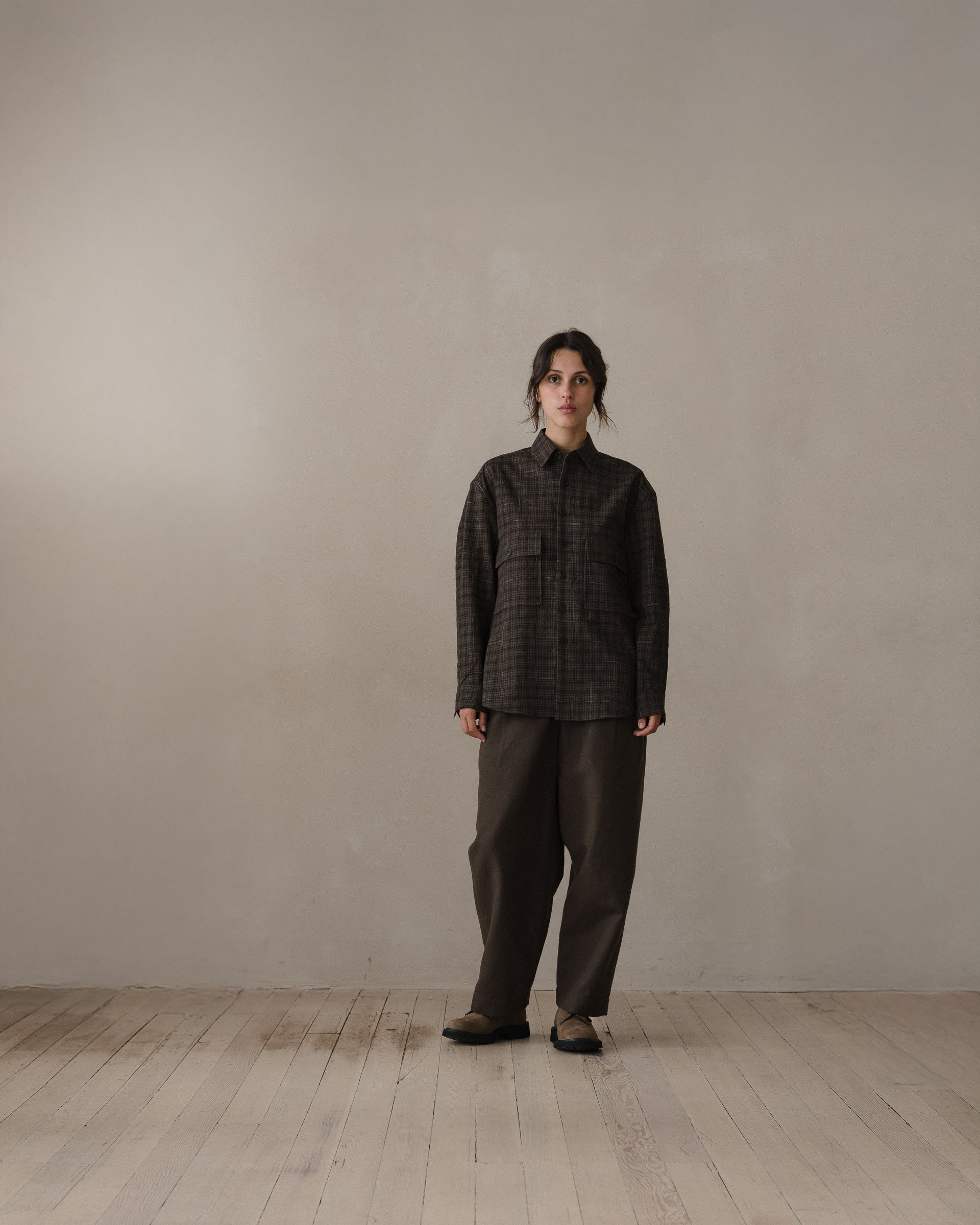 Big Shirt - Kasuri Wool Check, Brown/Beige/Navy – evan kinori