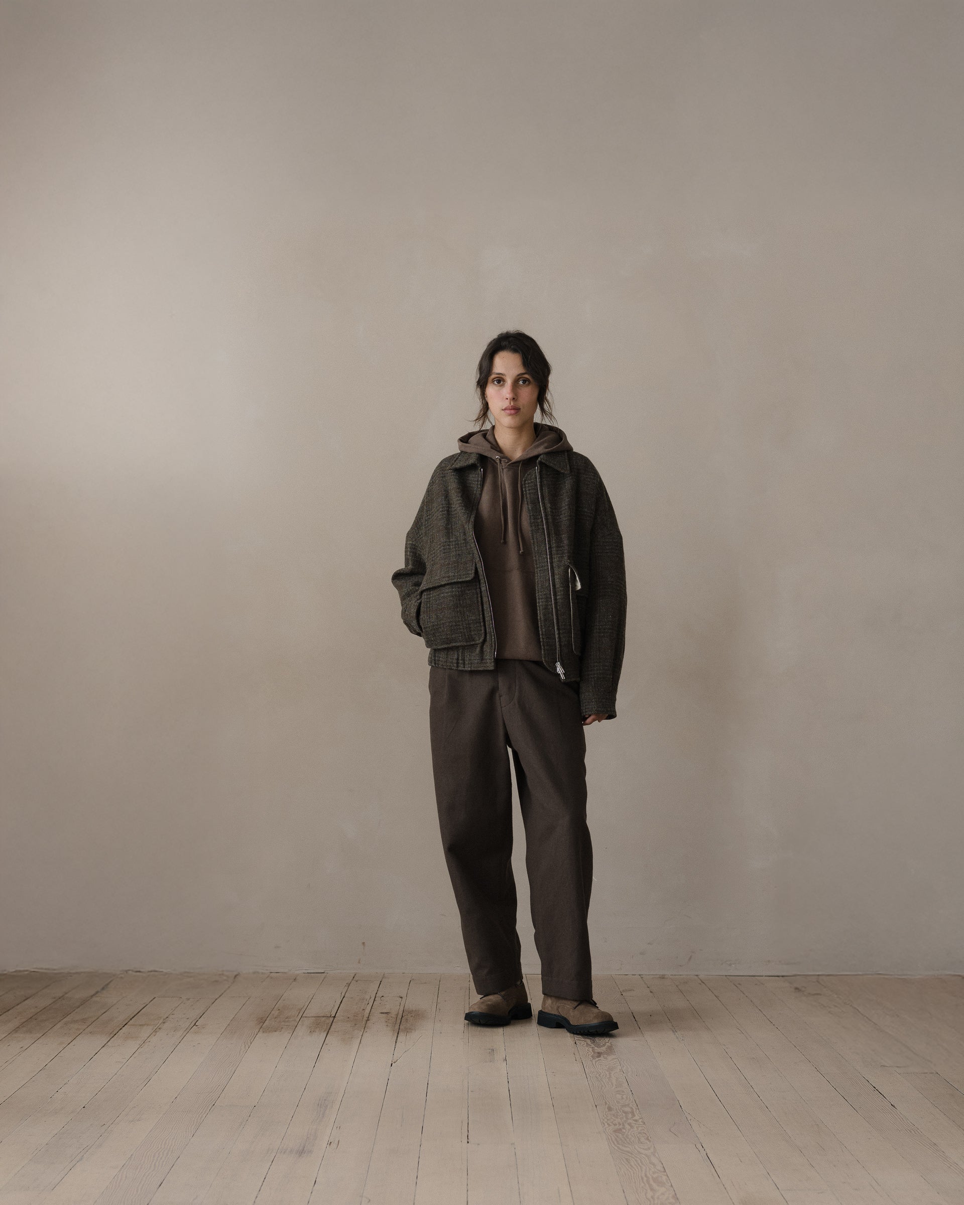 Zip Jacket Two - Wool Herringbone Check, Dark Olive/Charcoal