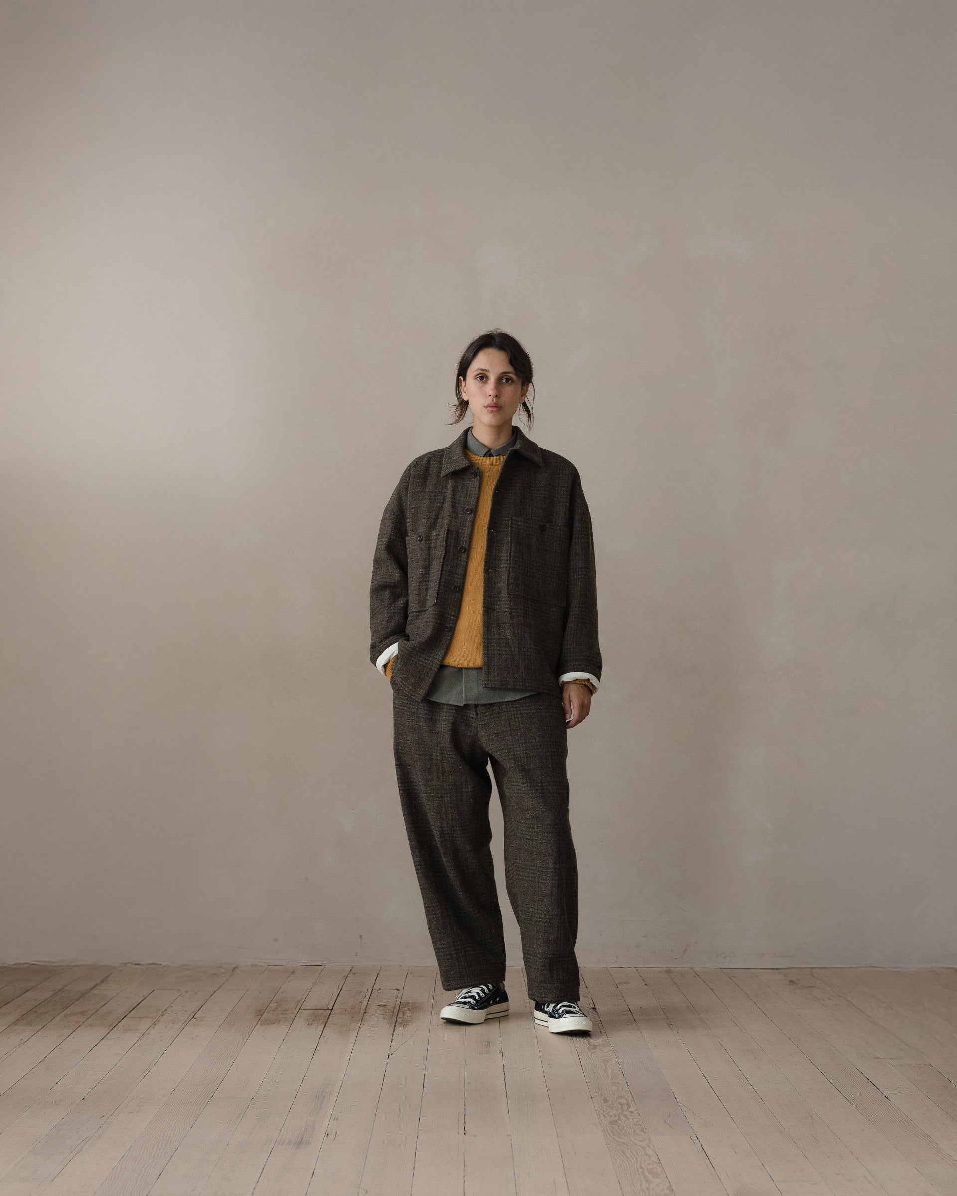 Field Shirt Two - Wool Herringbone Check, Dark Olive/Charcoal