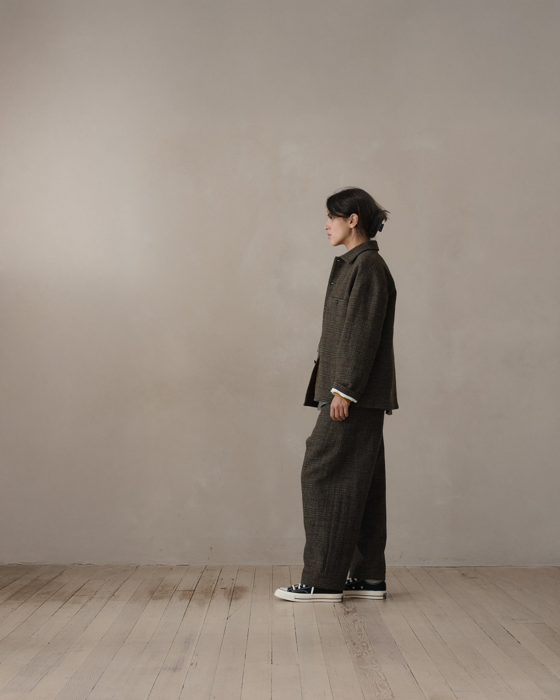 Field Shirt Two - Wool Herringbone Check, Dark Olive/Charcoal