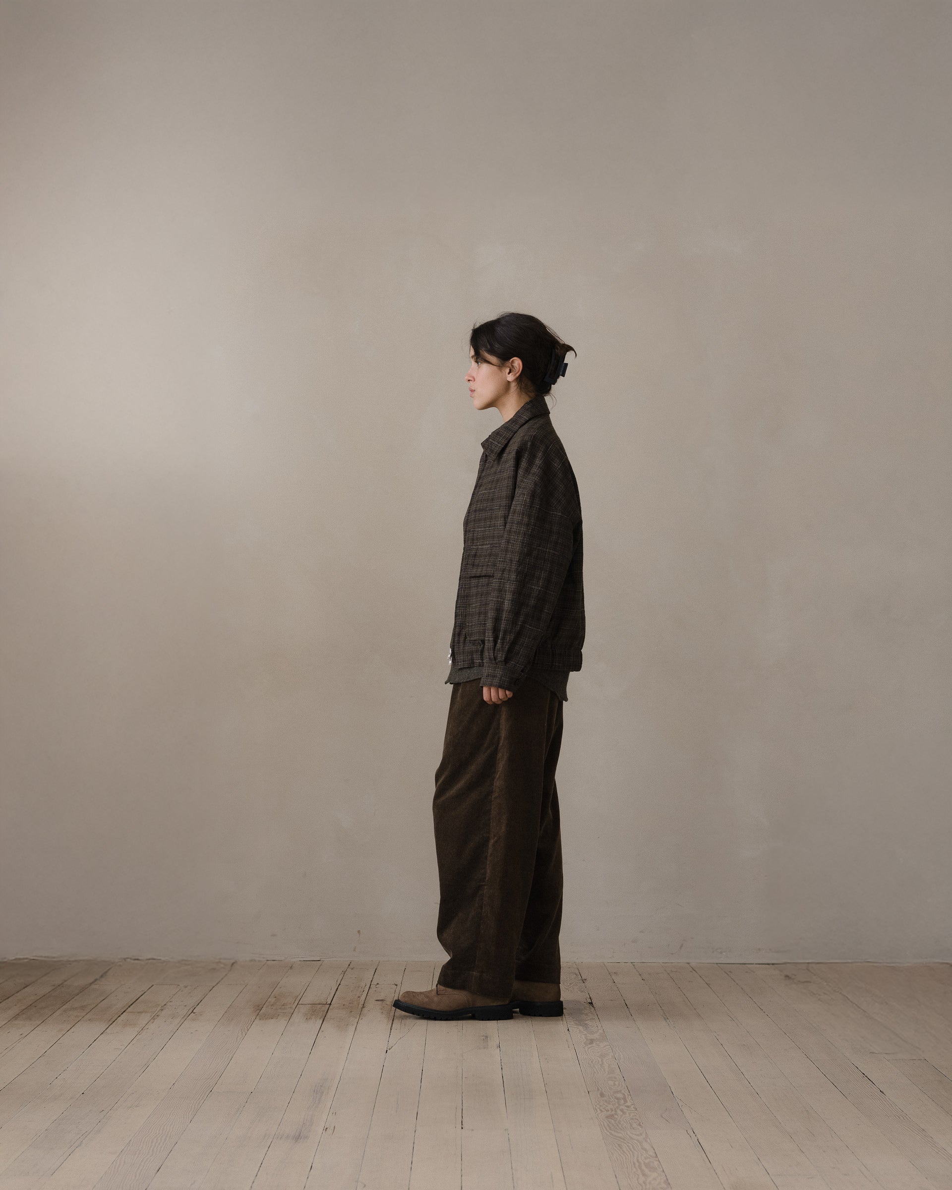 Zip Jacket Two - Kasuri Wool Check, Brown/Beige/Navy – evan kinori