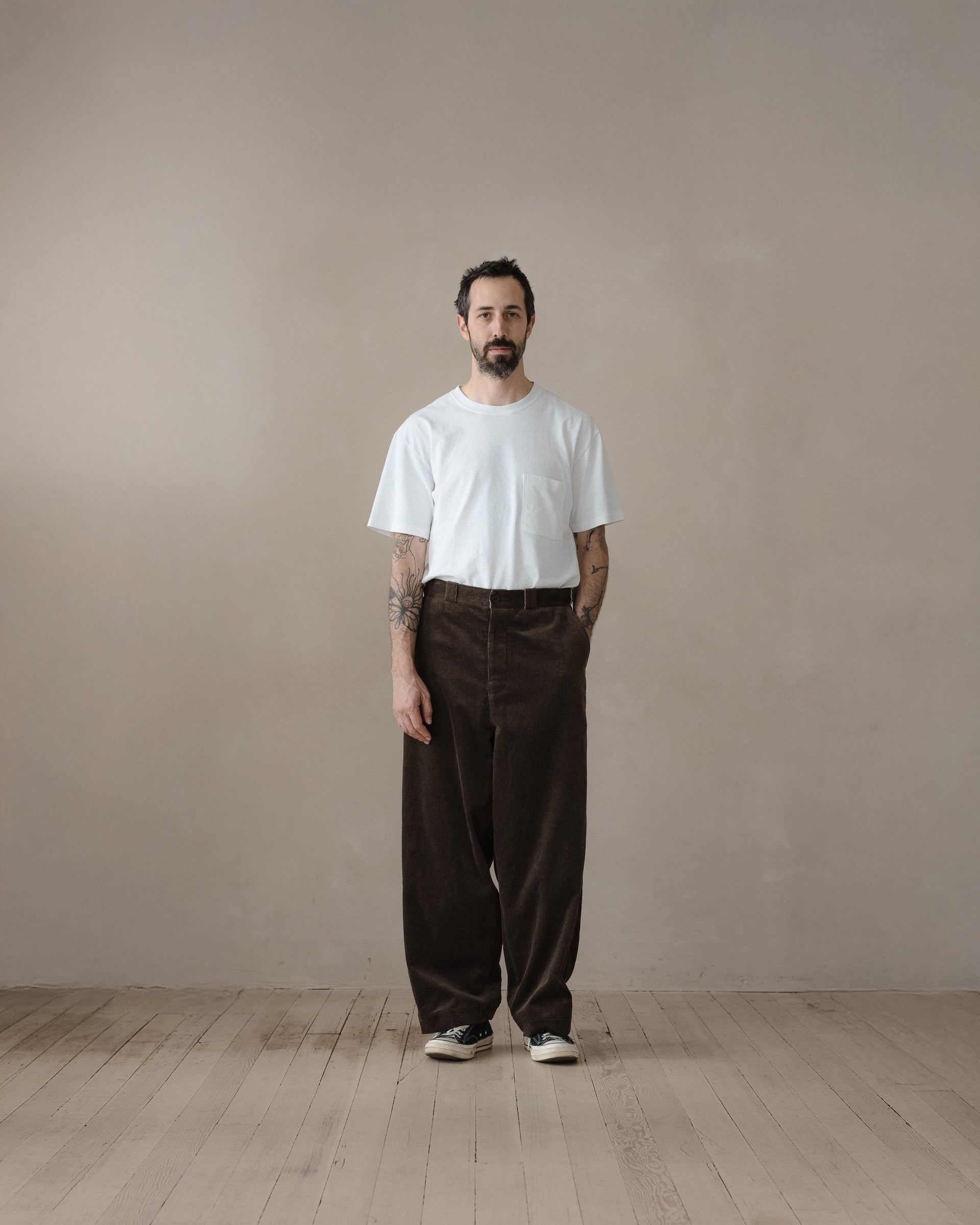 Flat Front Pant - Sumi Ink Corduroy, Brown – evan kinori