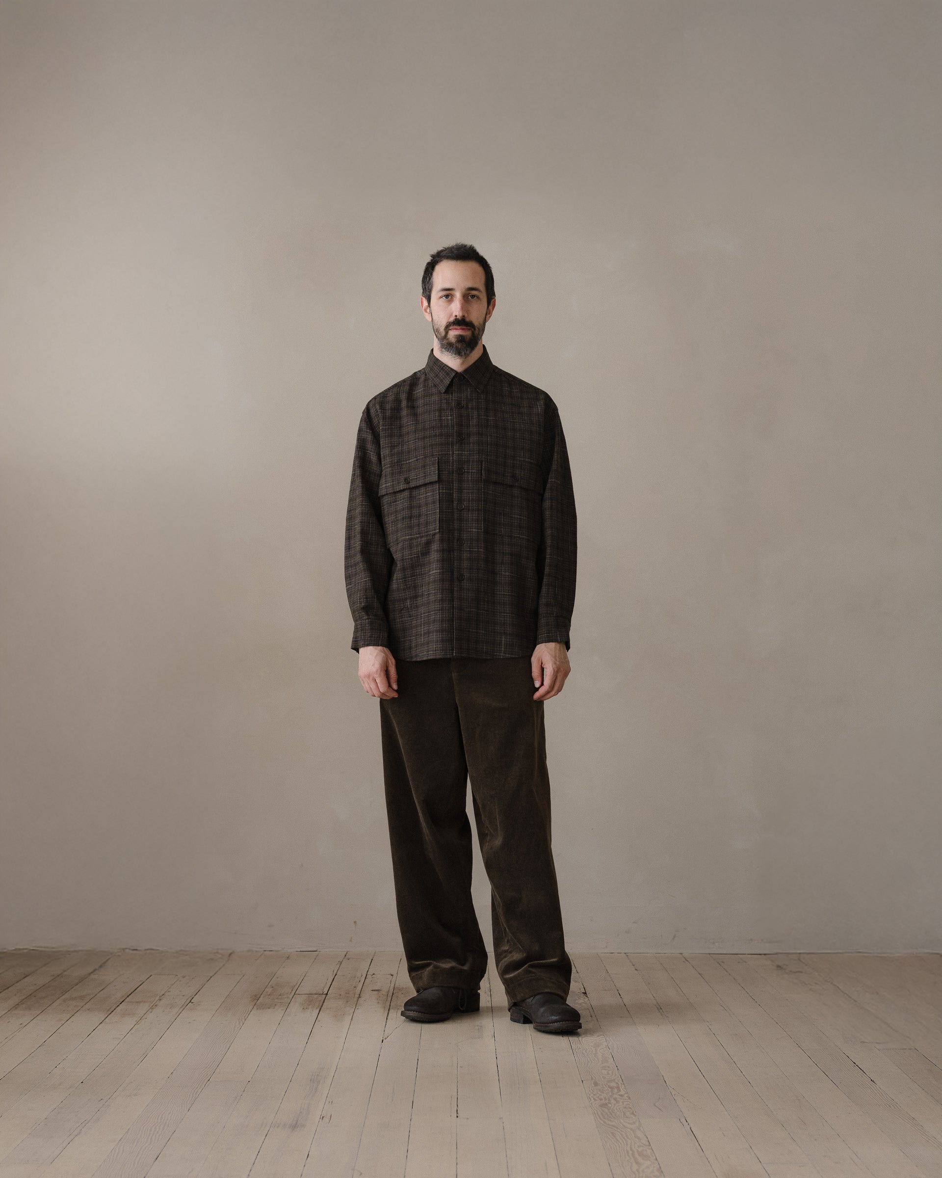 Big Shirt - Kasuri Wool Check, Brown/Beige/Navy – evan kinori